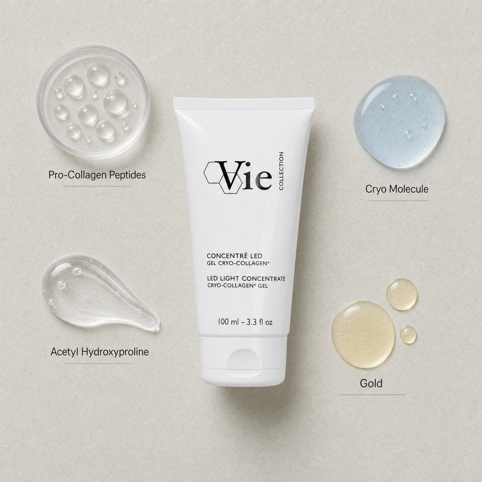 Vie Collection LED Light Concentrate Cryo-Collagen+ Gel 100ml ingredient flatlay with Pro-Collagen Peptides, Acetyl Hydroxyproline, Cryo Molecule and Gold.