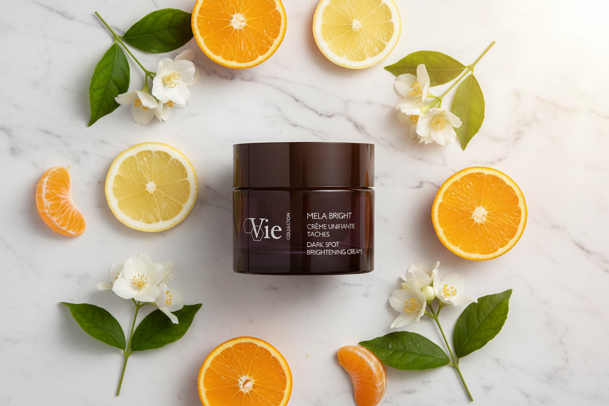 VIE COLLECTION Mela Bright Dark Spot Brightening Cream 50ml jar surrounded by oranges and flowers on a marble surface