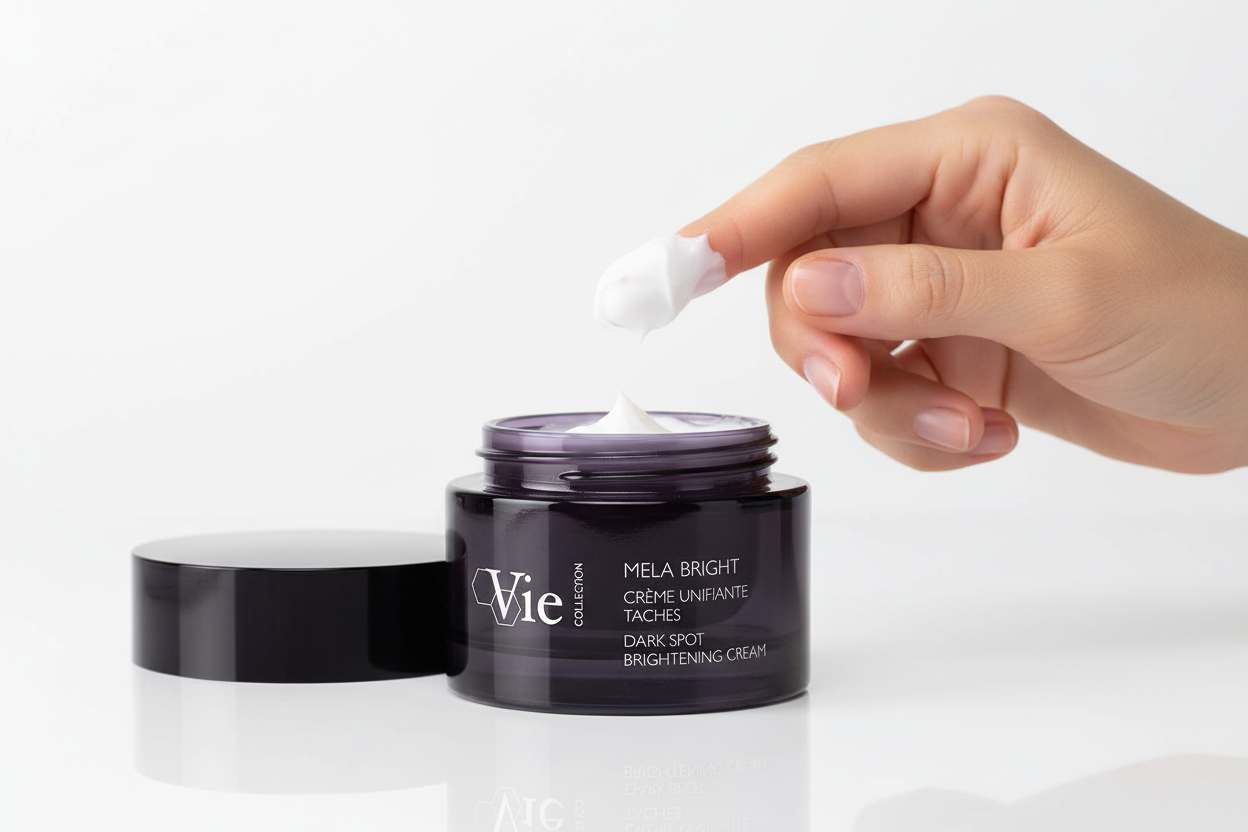Hand applying cream from a VIE COLLECTION Mela Bright Dark Spot Brightening Cream 50ml jar on a white background