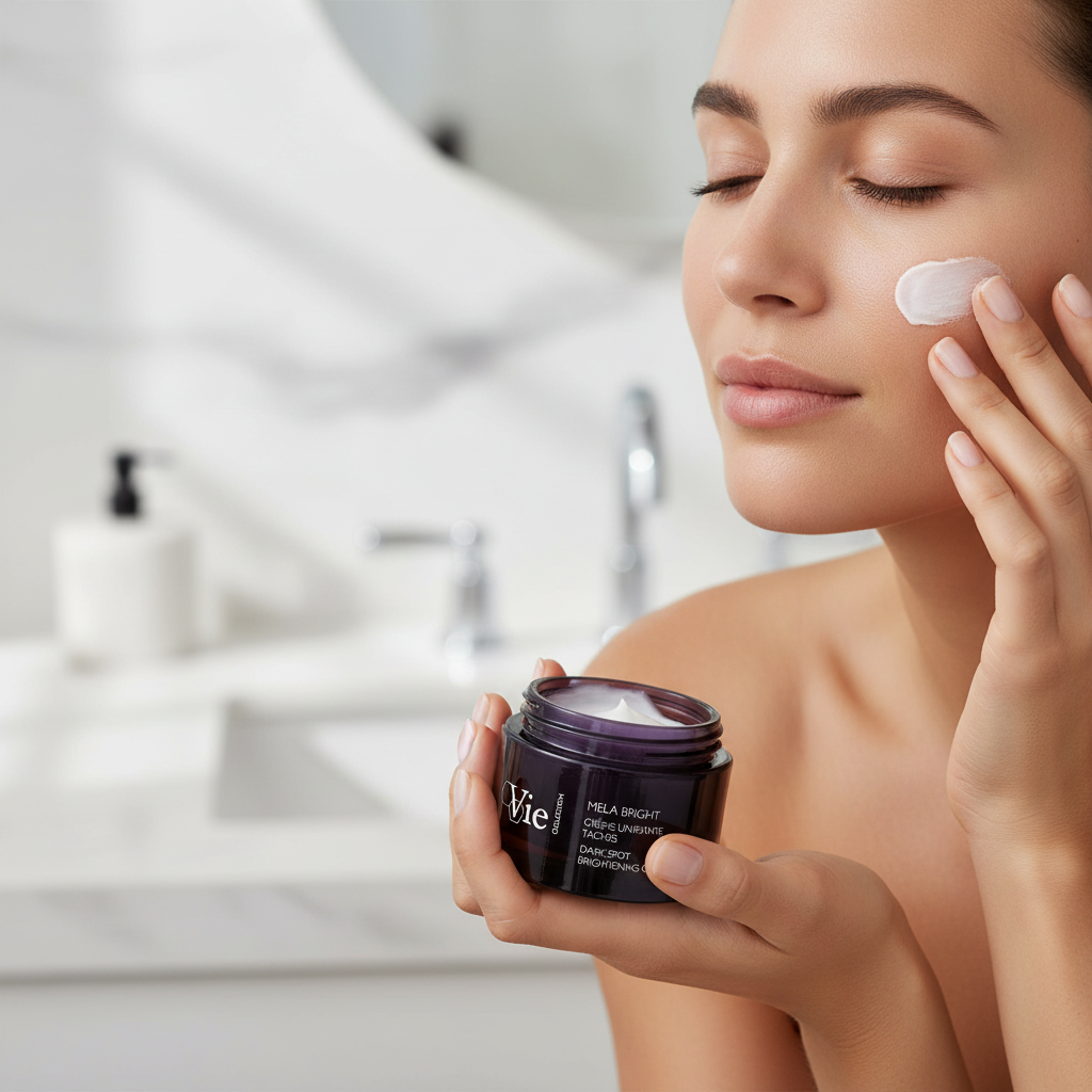Woman applying VIE COLLECTION Mela Bright Dark Spot Brightening Cream to her face with a jar of Vie skincare product in a bathroom setting