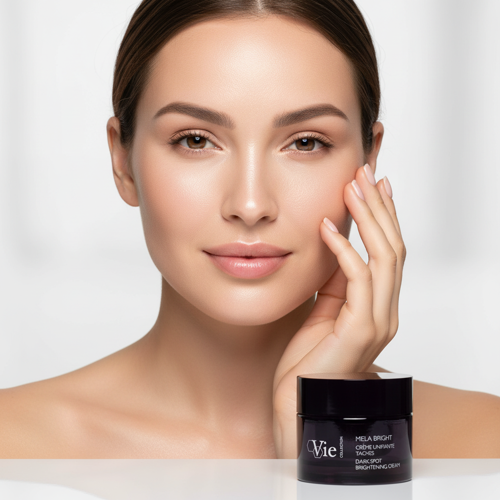 Woman with smooth skin holding a jar of VIE COLLECTION Mela Bright Dark Spot Brightening Cream 50ml on a white background