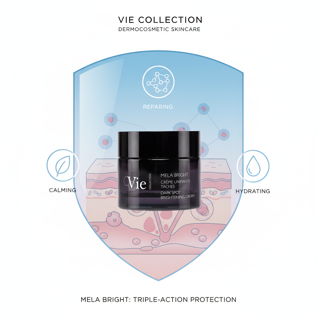 VIE COLLECTION Mela Bright Dark Spot Brightening Cream 50ml with shield design and skin benefits on a white background