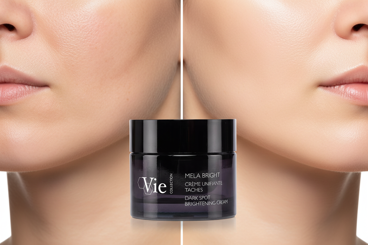 VIE COLLECTION Mela Bright Dark Spot Brightening Cream 50ml jar with a split view of a woman's face before and after use.
