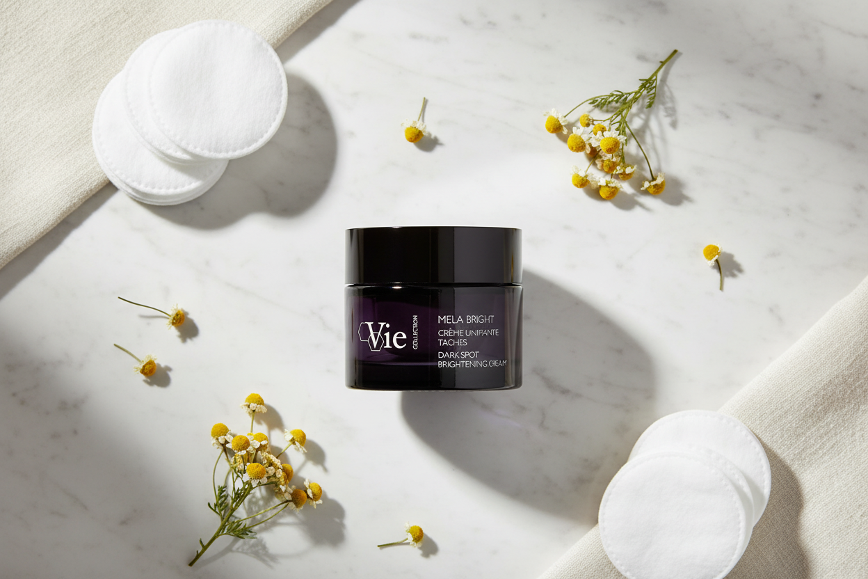 VIE COLLECTION Mela Bright Dark Spot Brightening Cream 50ml on a marble surface with flowers and cotton pads