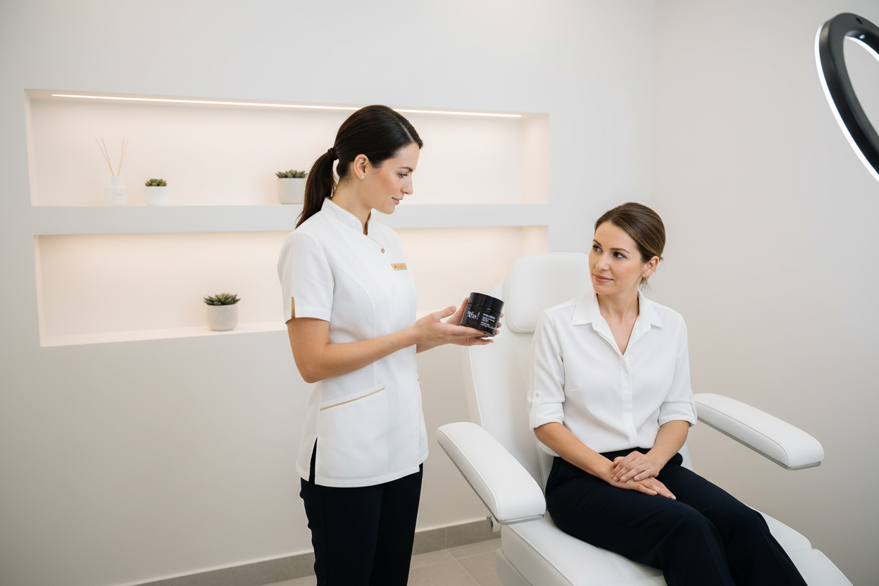 Two women in a clinical or spa setting, one standing and holding a VIE COLLECTION Mela Bright Dark Spot Brightening Cream 50ml, the other seated.