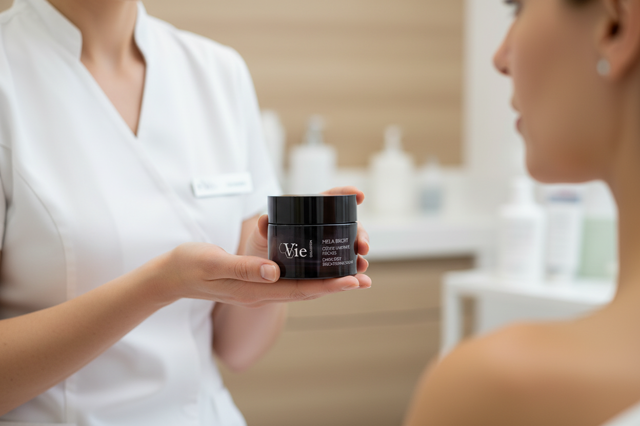 Person holding a jar VIE COLLECTION Mela Bright Dark Spot Brightening Cream 50ml in a clinical setting.