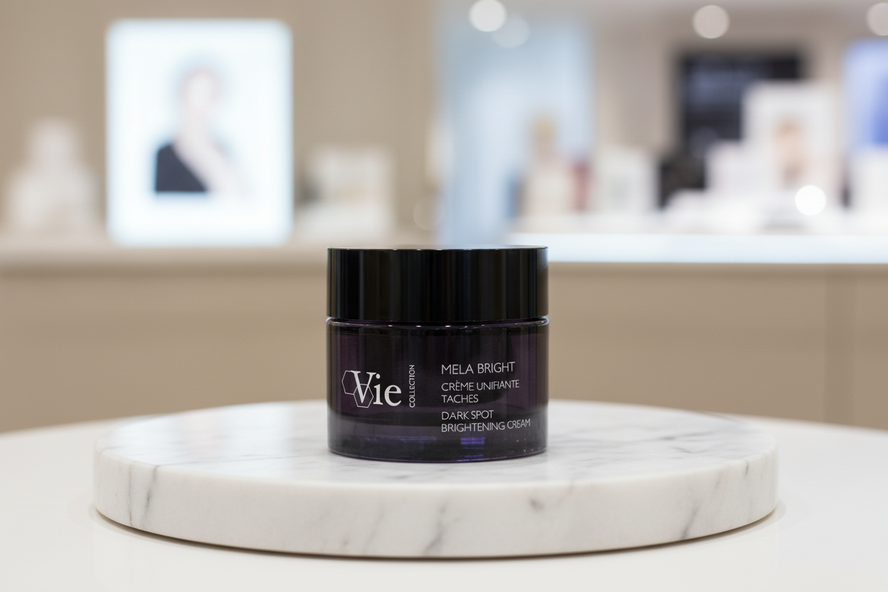 VIE COLLECTION Mela Bright Dark Spot Brightening Cream 50ml jar on a marble surface with a blurred background