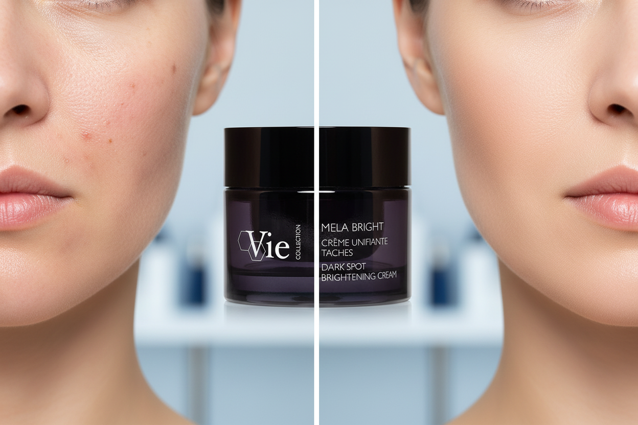 Before and after comparison of a face with a jar VIE COLLECTION Mela Bright Dark Spot Brightening Cream 50ml.