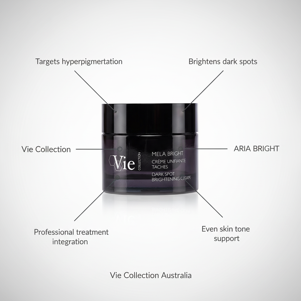VIE COLLECTION Mela Bright Dark Spot Brightening Cream 50ml with features highlighted on a gray background