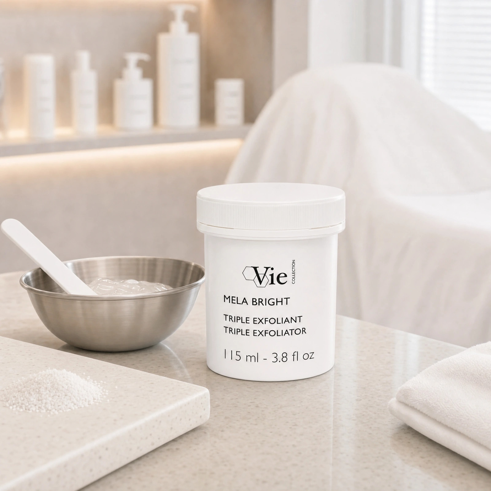Vie Collection Mela Bright Triple Exfoliator 115ml displayed in a premium clinical treatment-room setting for professional brightening, resurfacing and texture-refining protocols.