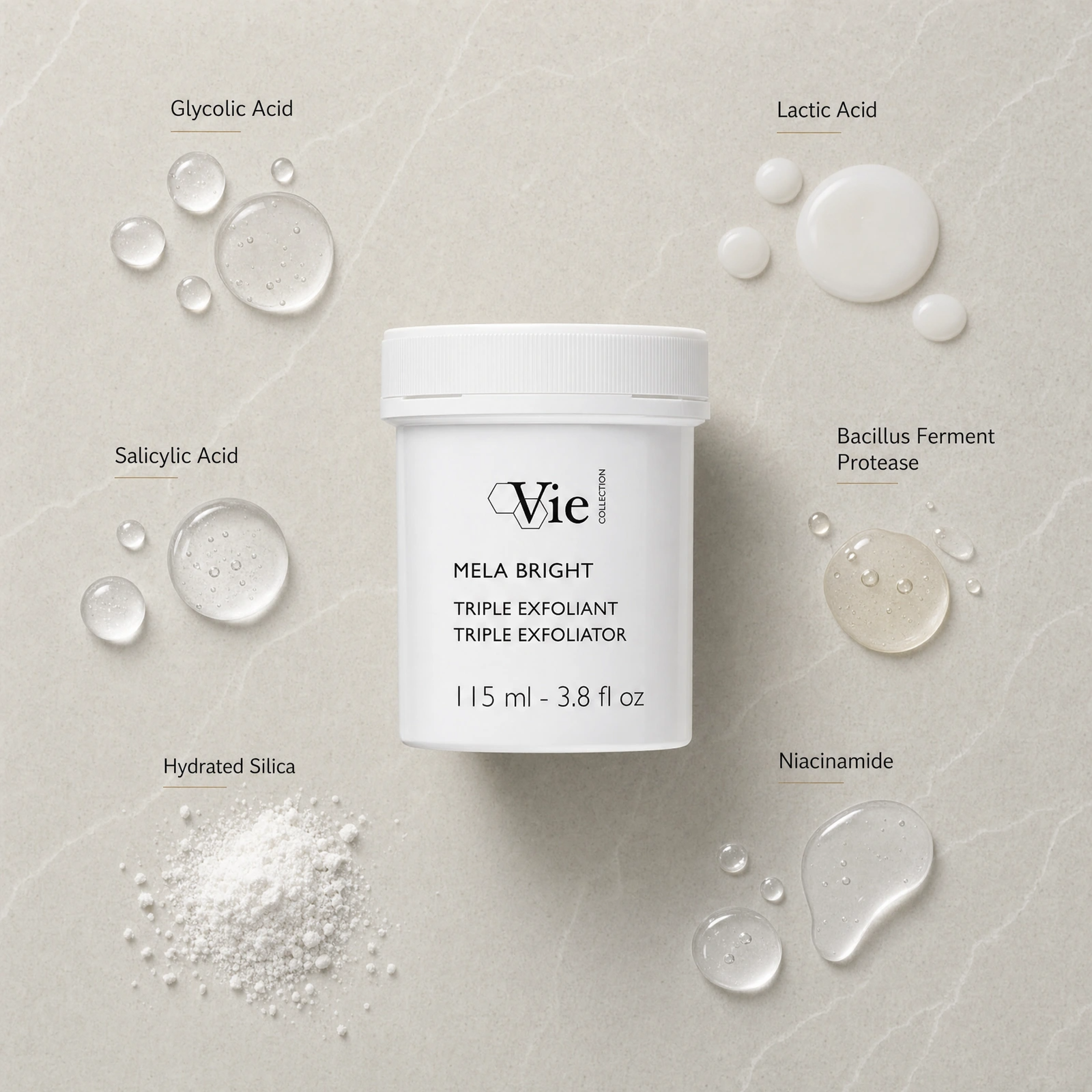Vie Collection Mela Bright Triple Exfoliator 115ml ingredient flatlay with Glycolic Acid, Lactic Acid, Salicylic Acid, Bacillus Ferment Protease, Hydrated Silica and Niacinamide.