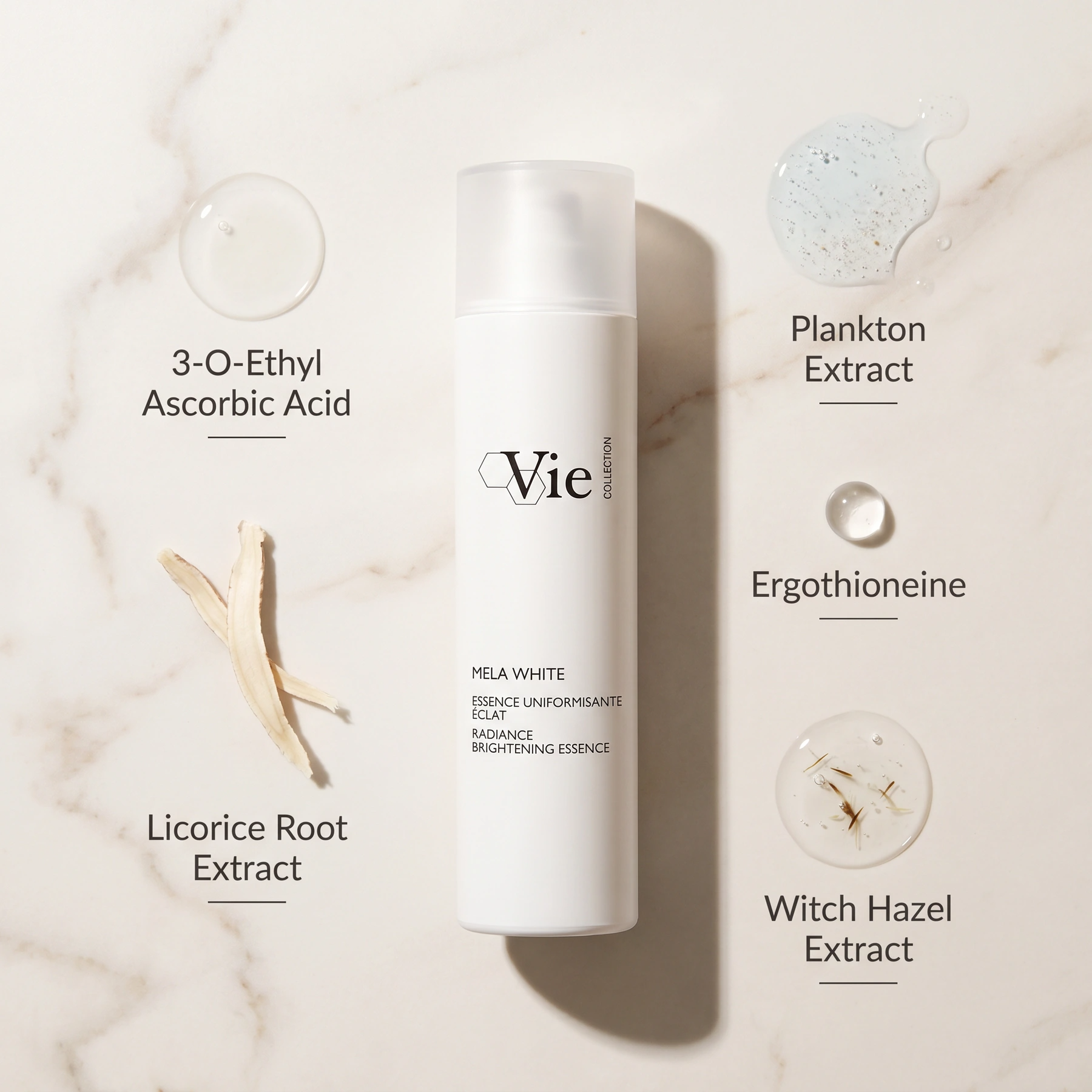 Vie Collection Mela White Radiance Brightening Essence 150ml with 3-O-Ethyl Ascorbic Acid, Licorice Root Extract, Ergothioneine, Plankton Extract and Witch Hazel Extract.