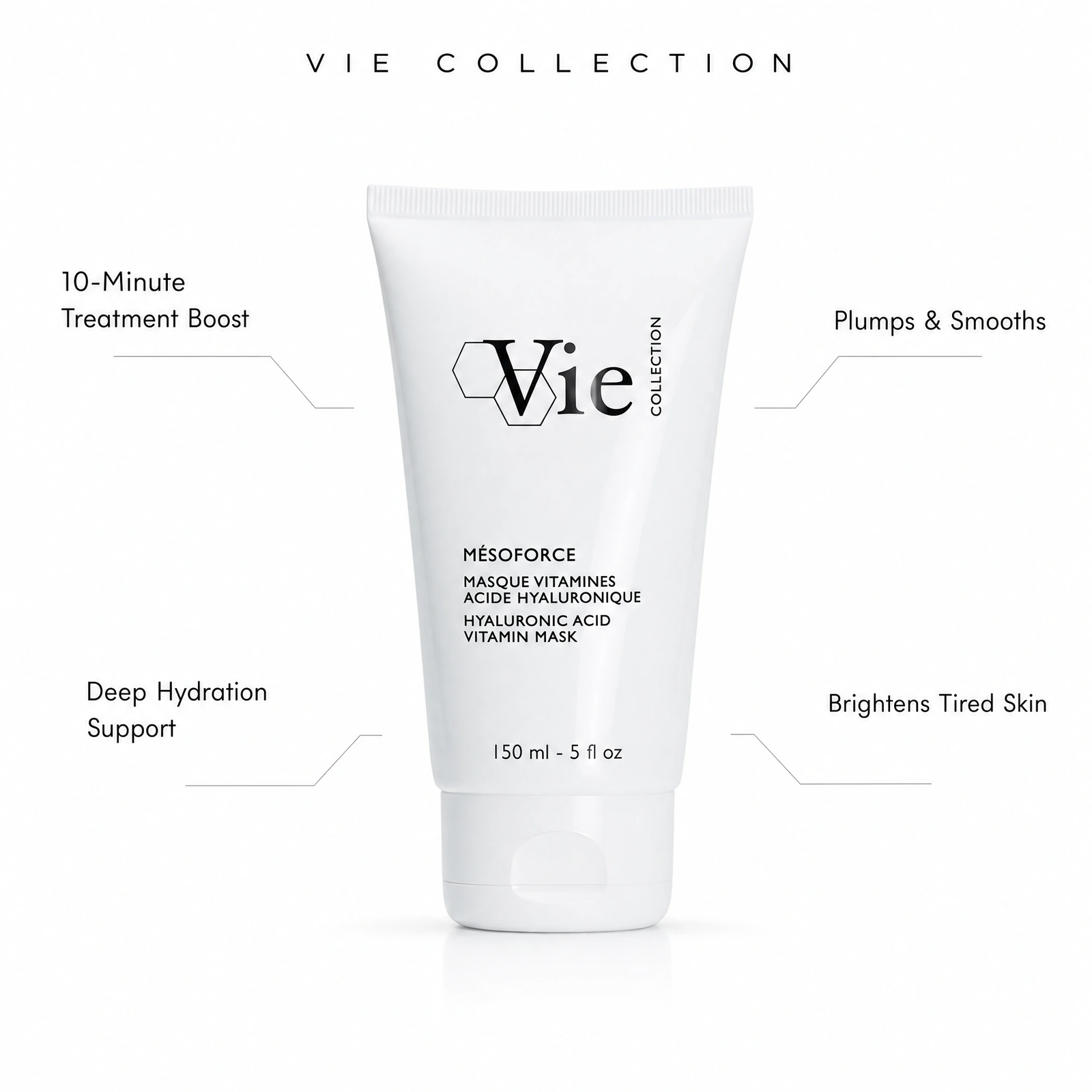 Vie Collection Mesoforce Hyaluronic Acid Vitamin Mask 150ml with professional benefit callouts for a 10-minute treatment boost, deep hydration support, plumping and smoothing, and brightening tired skin.