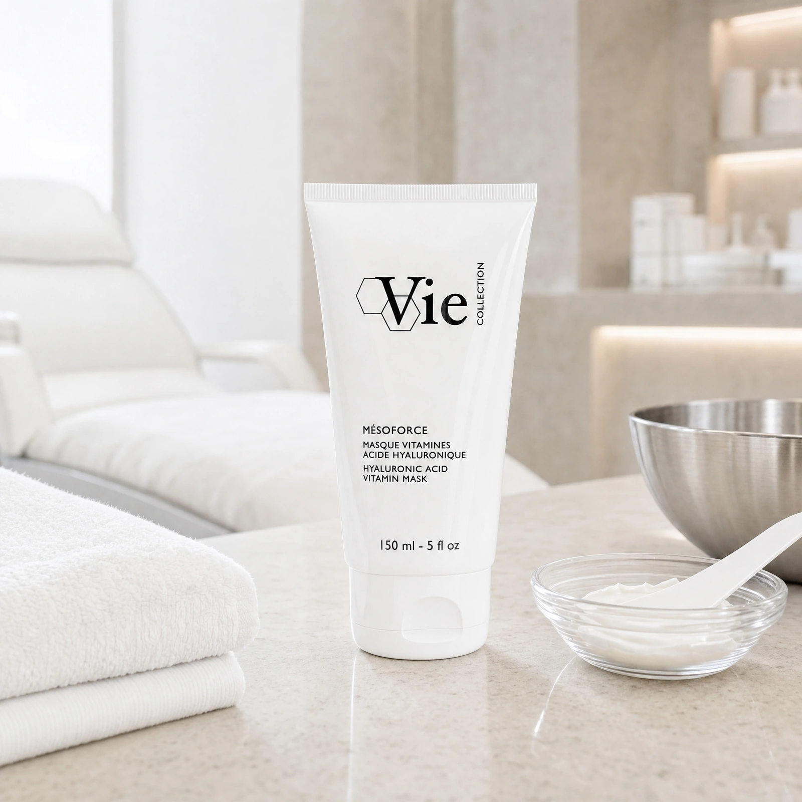 Vie Collection Mesoforce Hyaluronic Acid Vitamin Mask 150ml displayed in a premium clinical treatment-room setting for professional hydration, plumping and radiance treatments.