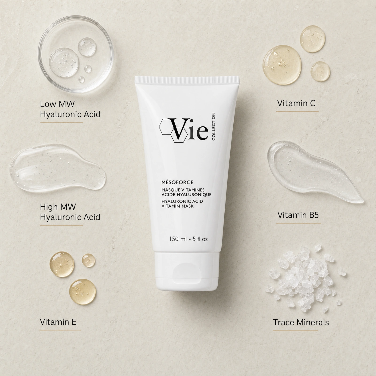 Vie Collection Mesoforce Hyaluronic Acid Vitamin Mask 150ml ingredient flatlay with Low MW Hyaluronic Acid, High MW Hyaluronic Acid, Vitamin C, Vitamin B5, Vitamin E and Trace Minerals.