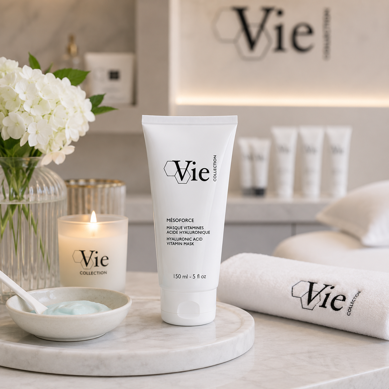 Vie Collection MesoForce Hyaluronic Acid Vitamin Mask displayed in a luxury spa treatment room for hydrating and revitalising professional facial care.