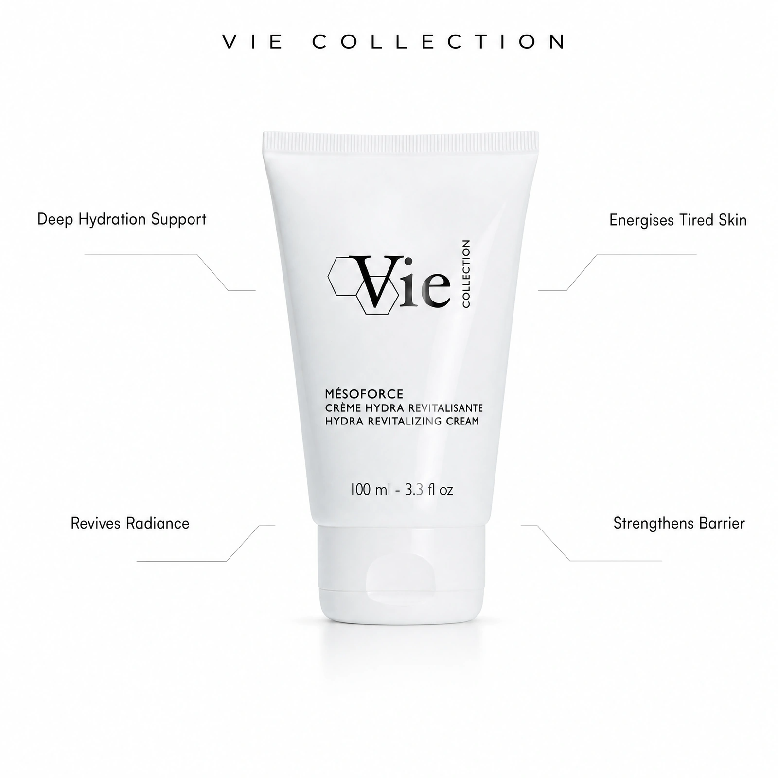 Cream 100ml with professional benefit callouts for deep hydration support, radiance revival, tired skin energising and barrier strengthening.