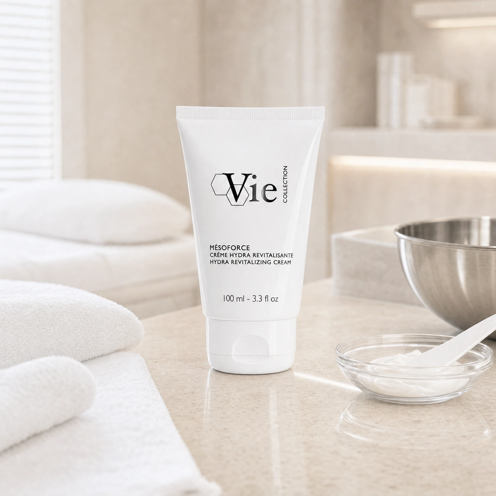 Vie Collection Mesoforce Hydra Revitalizing Cream 100ml displayed in a premium clinical treatment-room setting for professional hydration, radiance and barrier-support treatments.