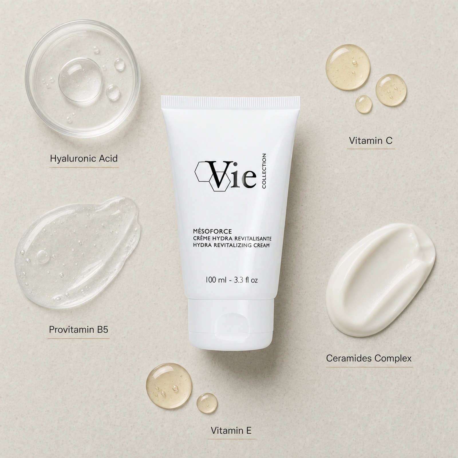 Vie Collection Mesoforce Hydra Revitalizing Cream 100ml ingredient flatlay with Hyaluronic Acid, Vitamin C, Provitamin B5, Ceramides Complex and Vitamin E.