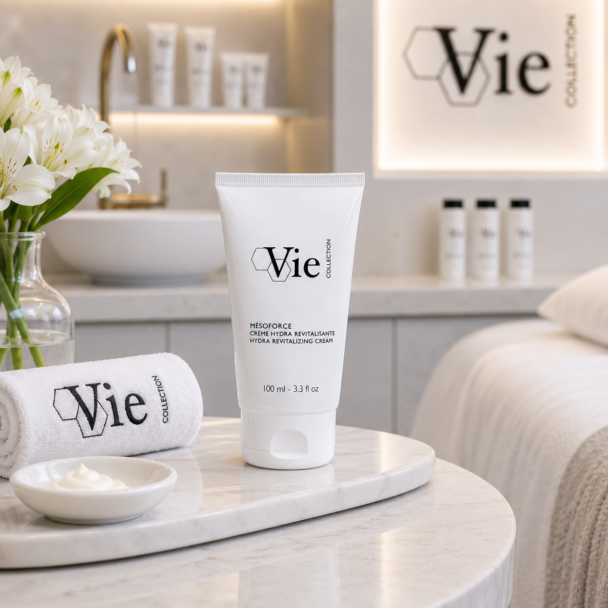 Vie Collection Mesoforce Hydra Revitalizing Cream 100ml displayed in a luxury spa treatment room for hydrating and revitalising professional facial care.