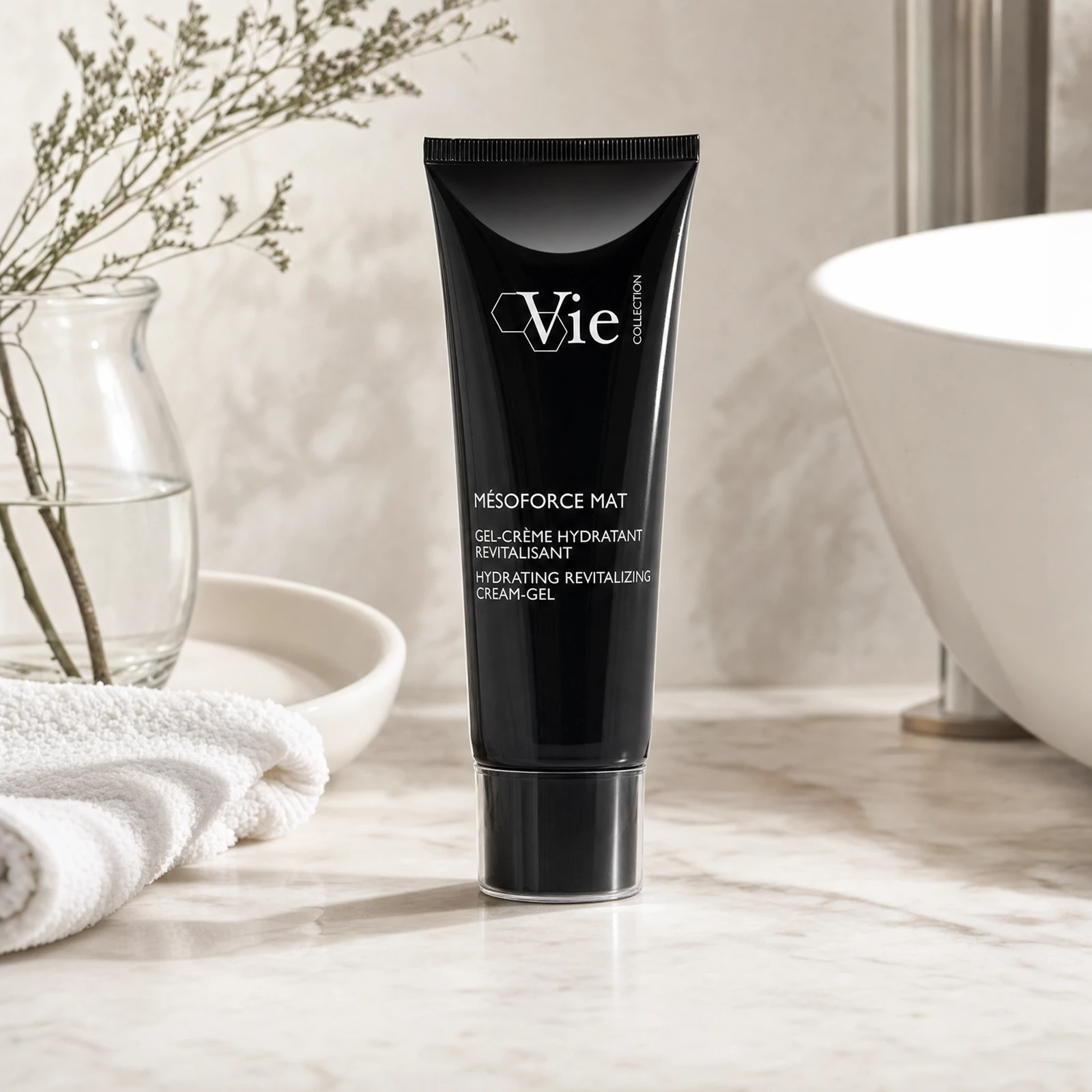 Vie Collection Mésoforce Mat Hydrating Revitalizing Cream-Gel 50ml on a marble bathroom counter with botanical in glass carafe, white ceramic tray, stacked white spa towels and white basin, premium at-home skincare setting