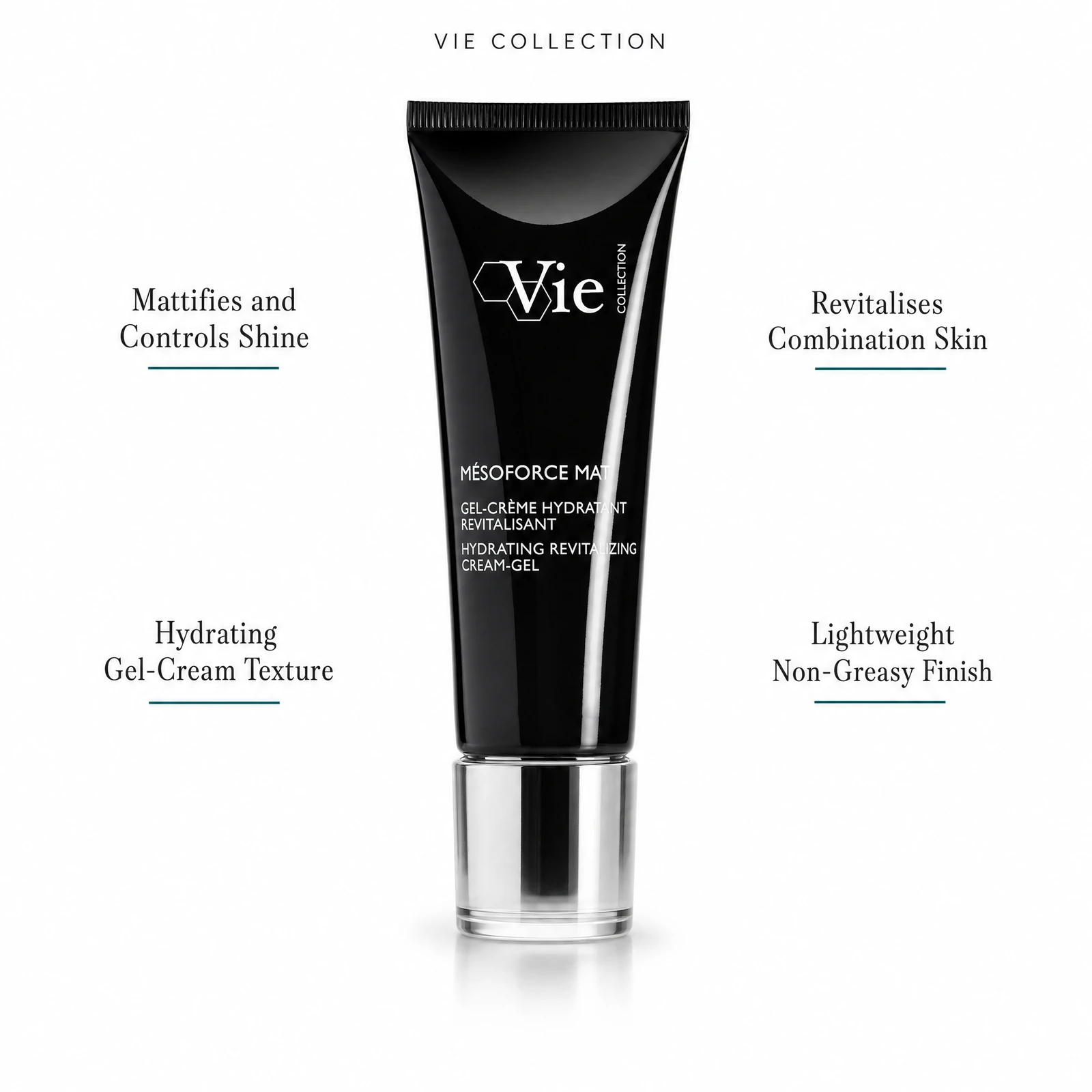 Vie Collection Mésoforce Mat Hydrating Revitalizing Cream-Gel 50ml with four benefit callouts: Mattifies and Controls Shine, Hydrating Gel-Cream Texture, Revitalises Combination Skin, Lightweight Non-Greasy Finish
