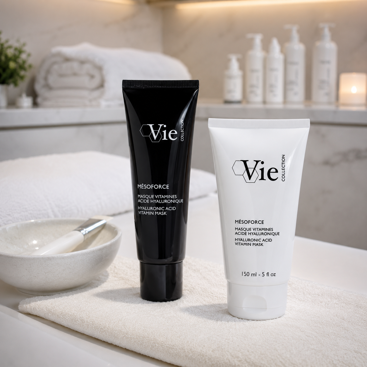 Vie Collection Mésoforce Hyaluronic Acid Vitamin Mask 150ml in a spa treatment room for hydrating and revitalising skin