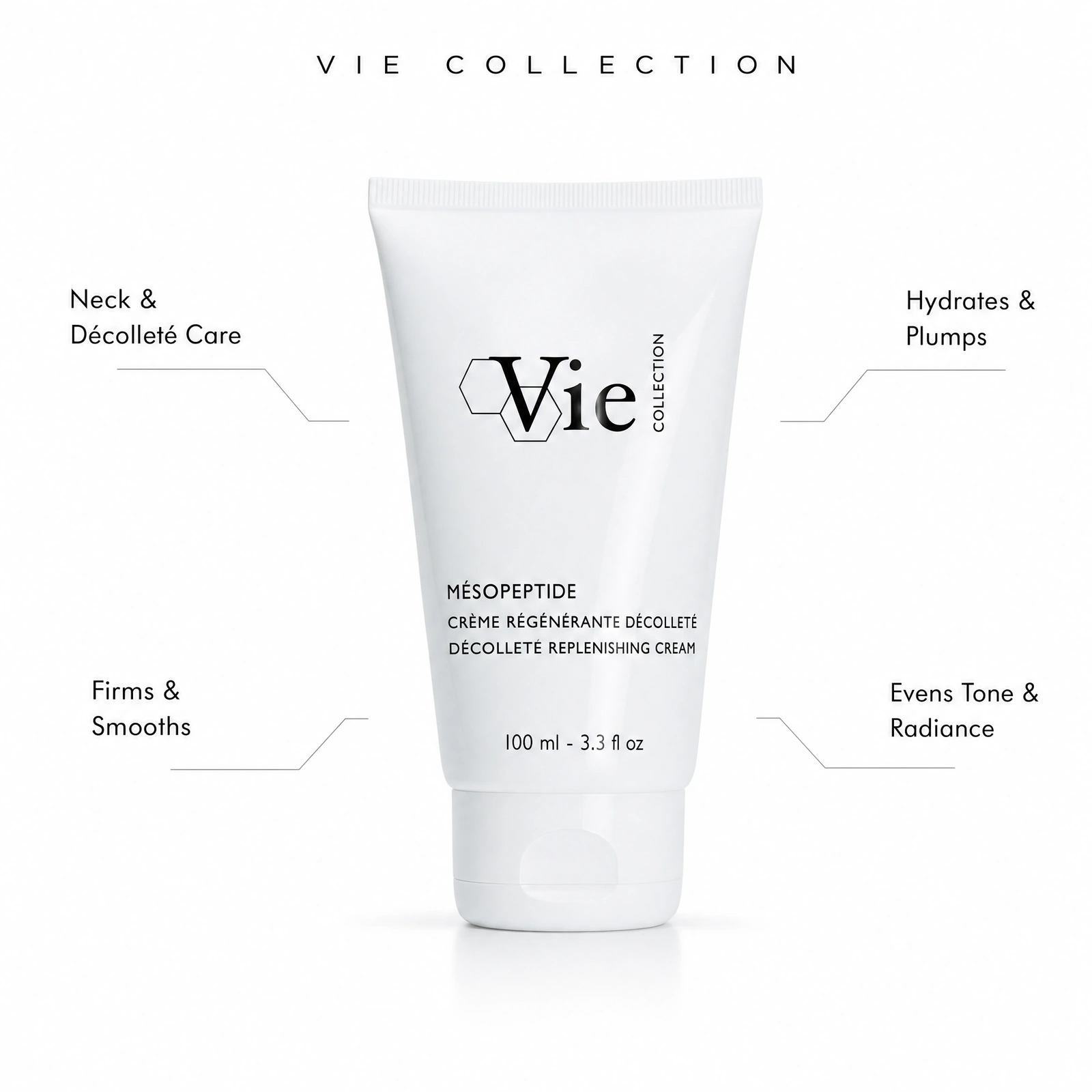 Vie Collection Mesopeptide Décolleté Replenishing Cream 100ml with professional benefit callouts for neck and décolleté care, firming and smoothing, hydration and plumping, and even tone with radiance.