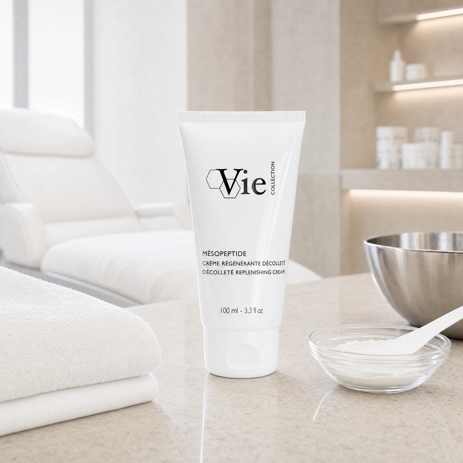 Vie Collection Mesopeptide Décolleté Replenishing Cream 100ml displayed in a premium clinical treatment-room setting for professional neck and décolleté rejuvenation treatments.