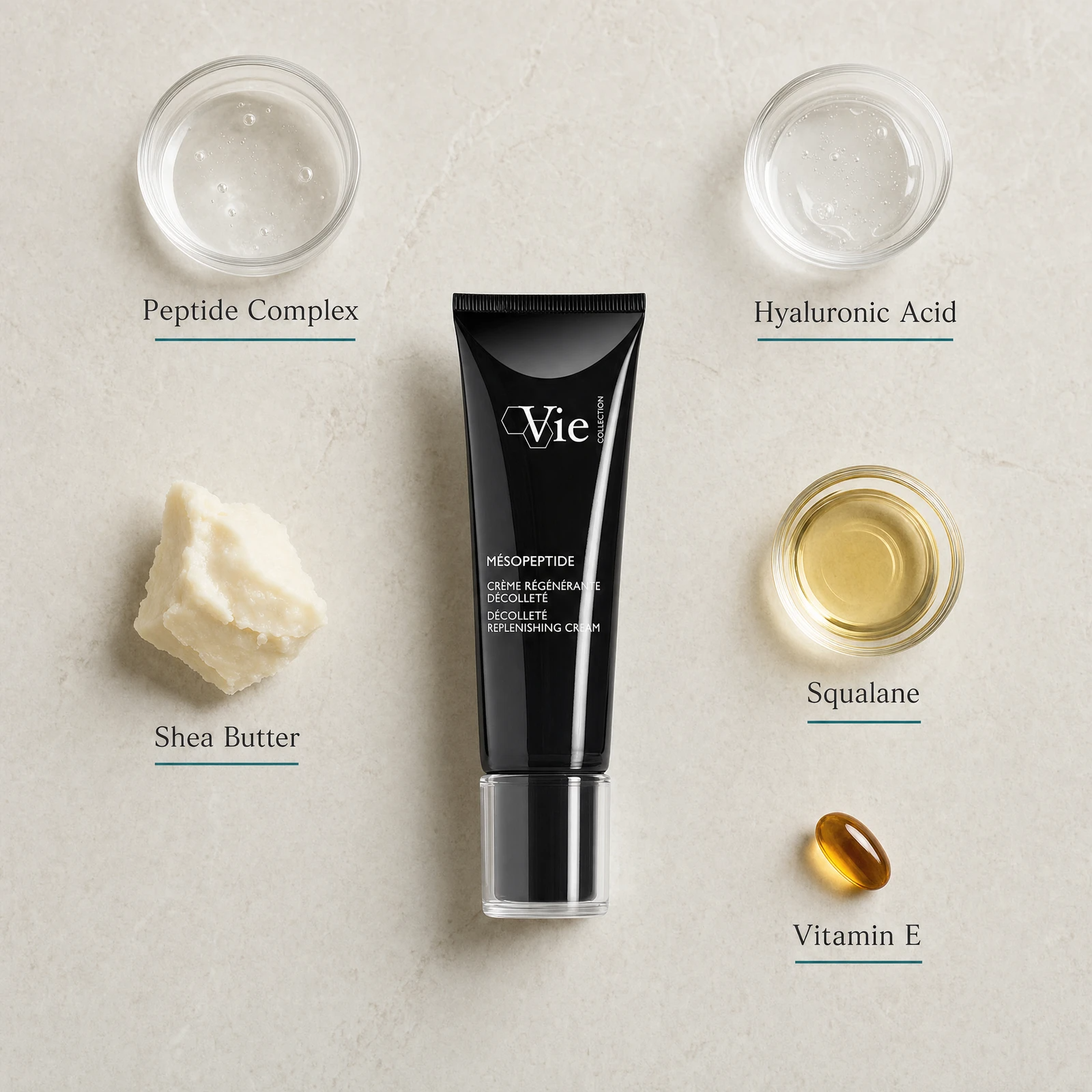 Vie Collection Mésopeptide Décolleté Replenishing Cream 50ml flatlay on limestone surface with Peptide Complex, Hyaluronic Acid, Shea Butter, Squalane, and Vitamin E