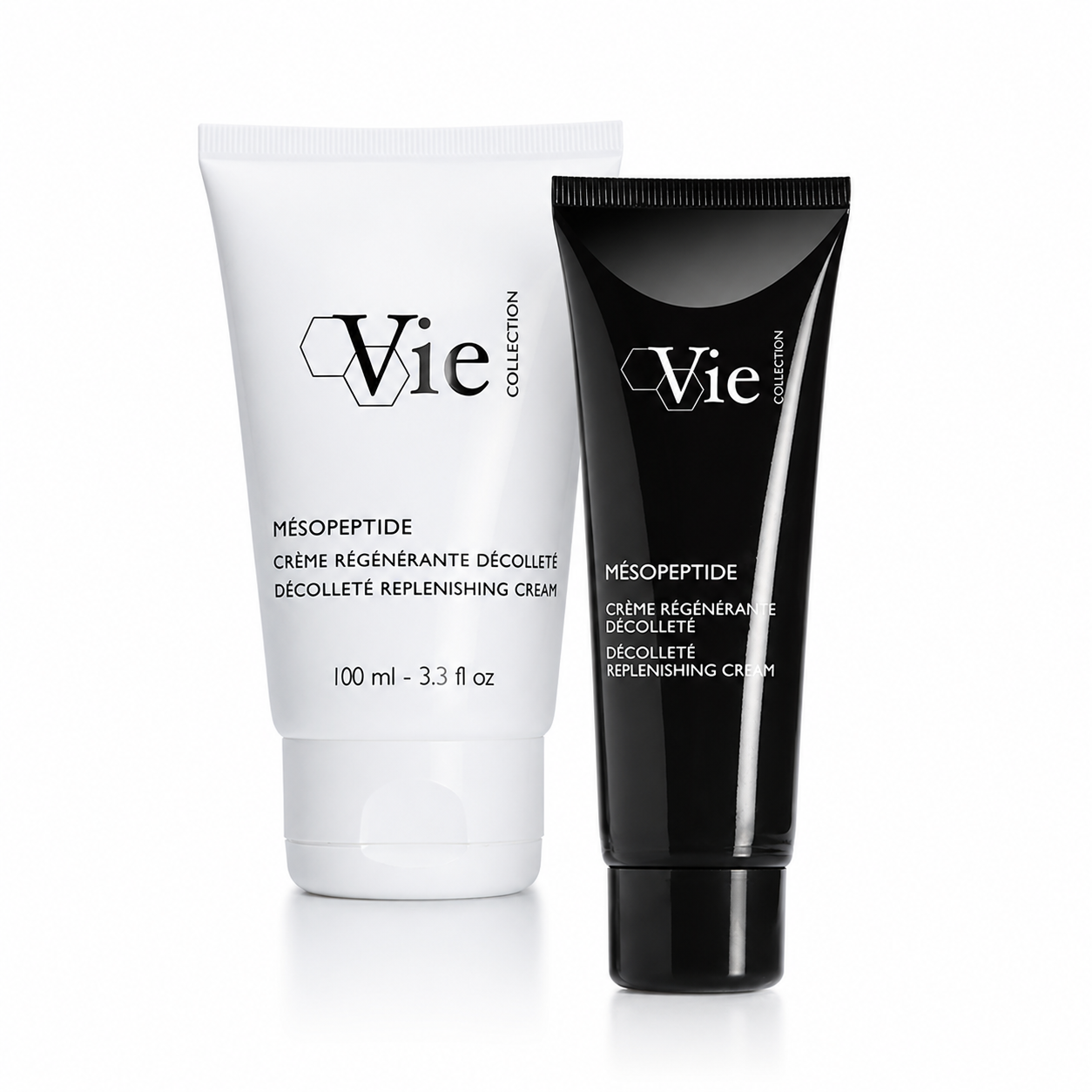 Vie Collection Mesopeptide Decollete Replenishing Cream retail and professional variant image showing the black 50ml retail tube and white 100ml professional tube together on a clean white background.