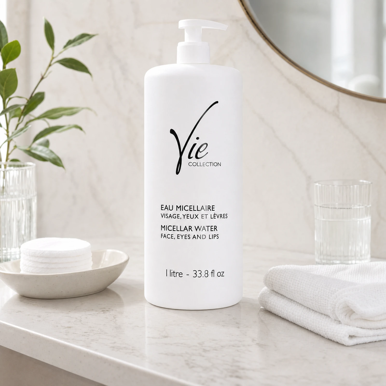 Vie Collection Micellar Water Face Eyes and Lips 1 Litre on a marble bathroom counter with botanical in ribbed glass vase, cotton pads in ceramic dish, glass of water, white waffle towel and gold round mirror, premium at-home skincare setting