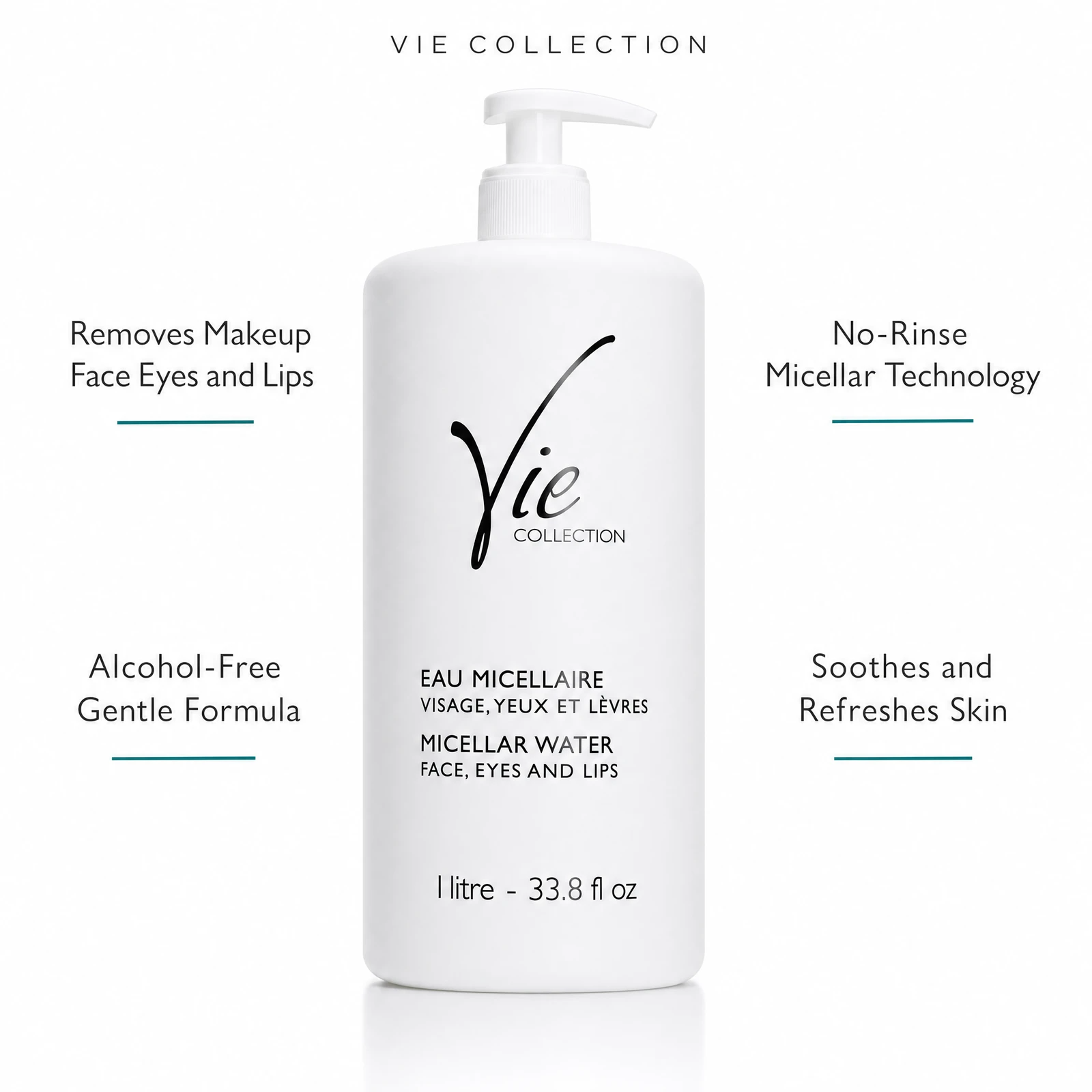Vie Collection Micellar Water Face Eyes and Lips 1 Litre with four benefit callouts: Removes Makeup Face Eyes and Lips, Alcohol-Free Gentle Formula, No-Rinse Micellar Technology, Soothes and Refreshes Skin