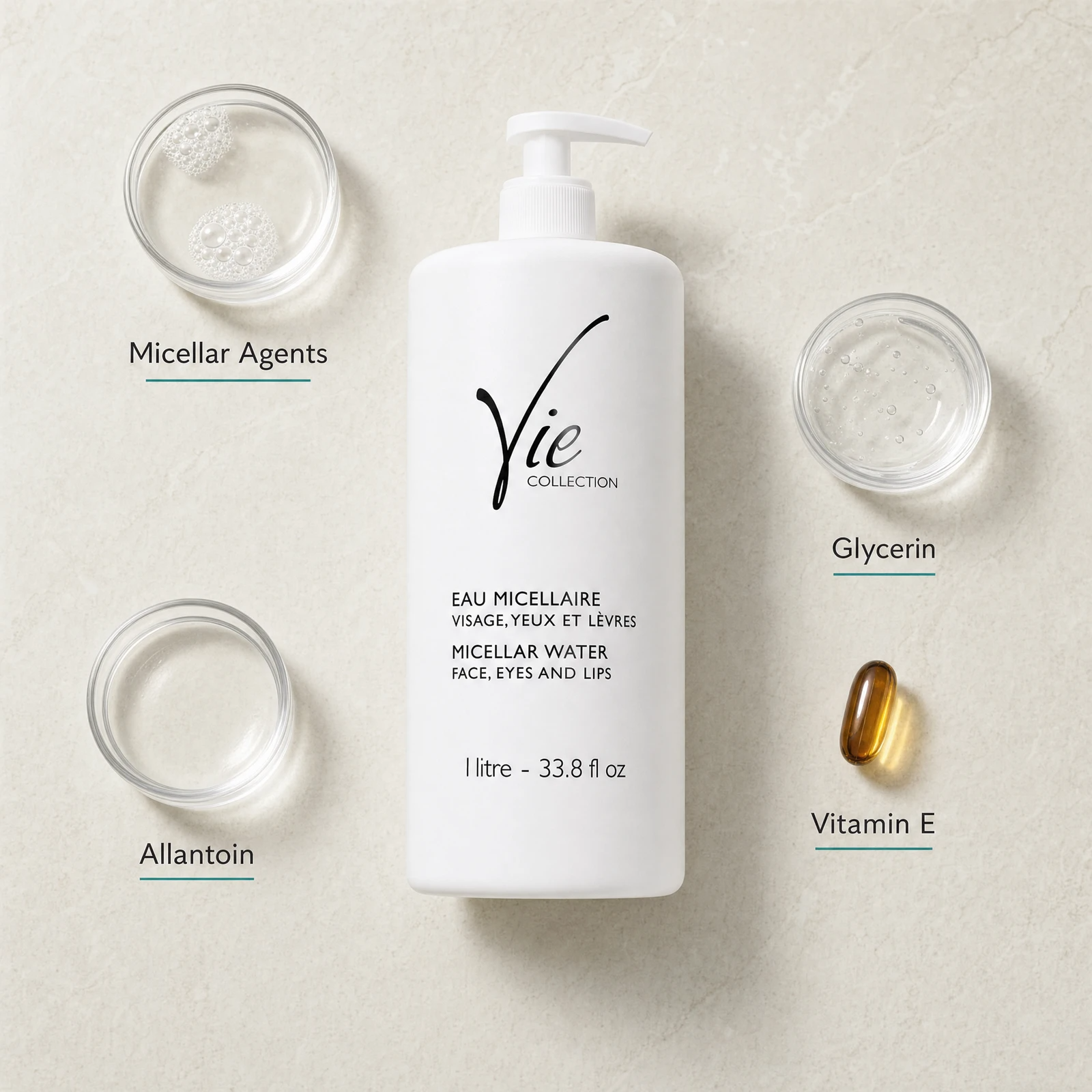 Vie Collection Micellar Water Face Eyes and Lips 1 Litre flatlay on limestone surface with Micellar Agents, Glycerin, Allantoin, and Vitamin E