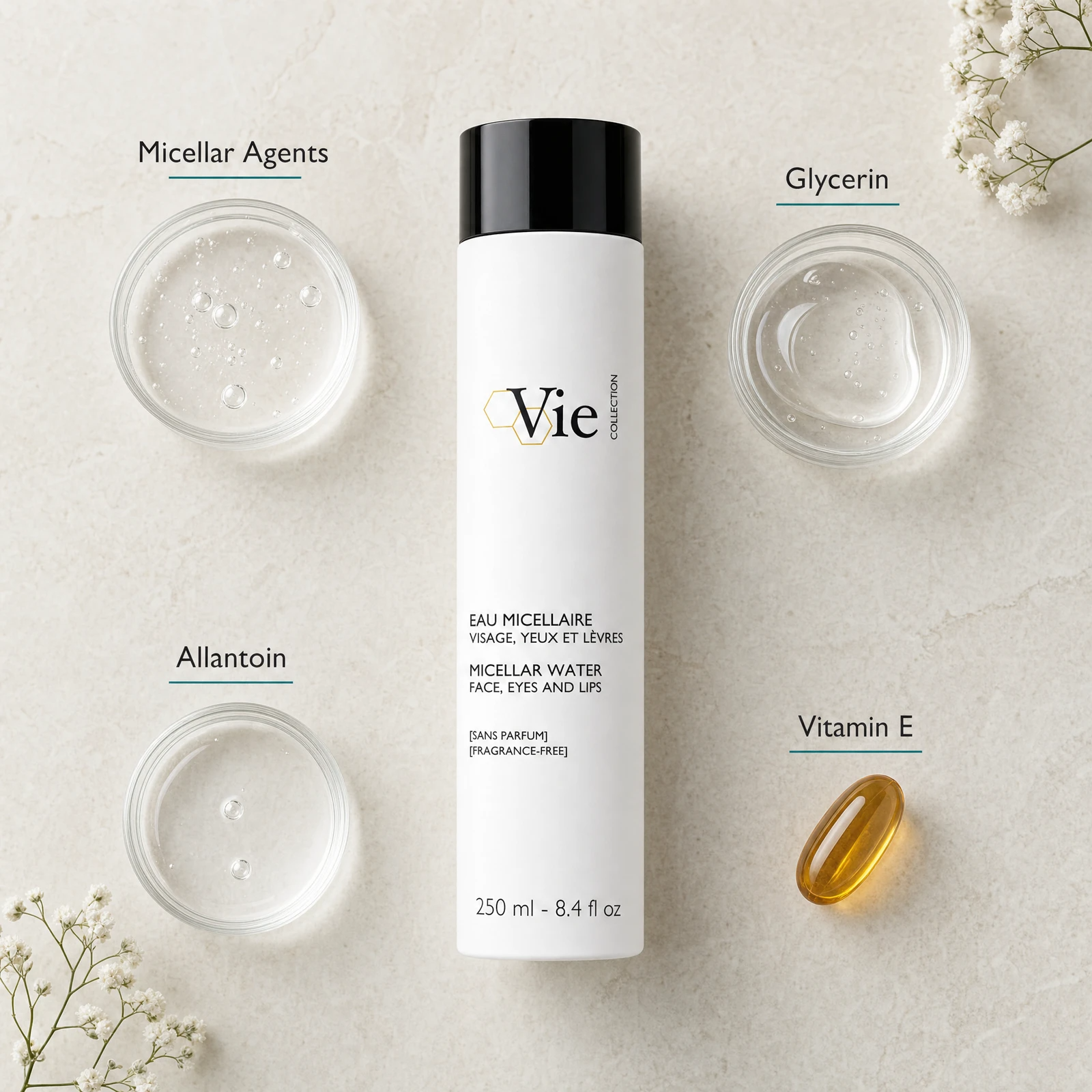 Vie Collection Micellar Water Face Eyes and Lips 250ml flatlay on limestone surface with Micellar Agents, Glycerin, Allantoin, and Vitamin E