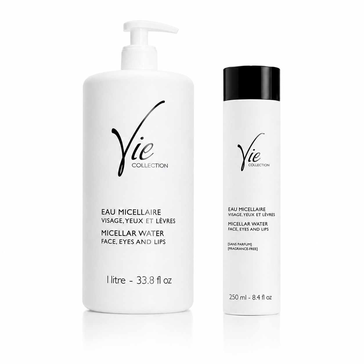 Vie Collection Micellar Water duo showing the 1 L professional pump bottle and 250 ml retail bottle side by side for gentle cleansing of the face, eyes and lips.
