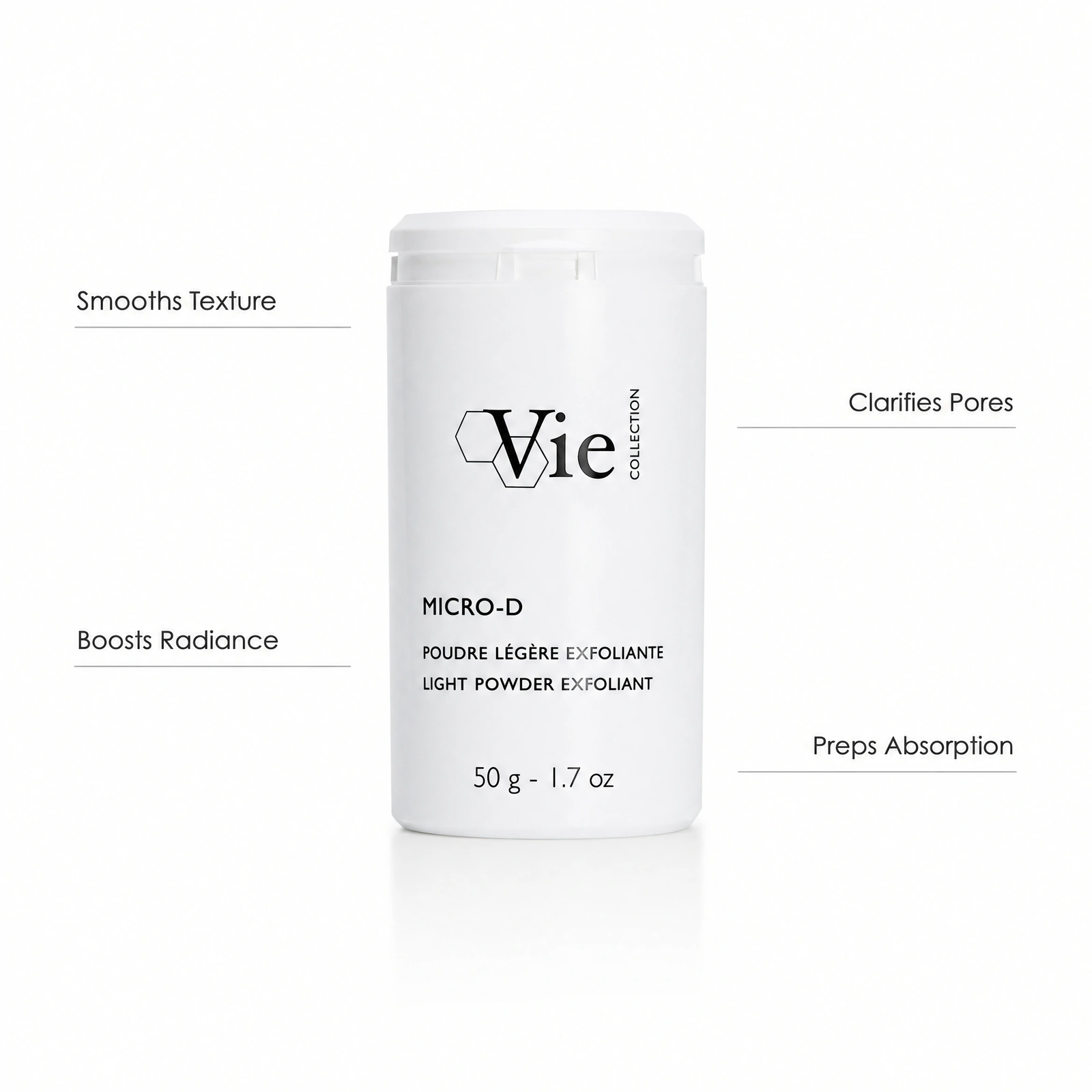 Vie Collection Micro-D Light Powder Exfoliant 50g professional white bottle with benefit callouts for smoothing texture, clarifying pores, boosting radiance and preparing skin for active absorption.
