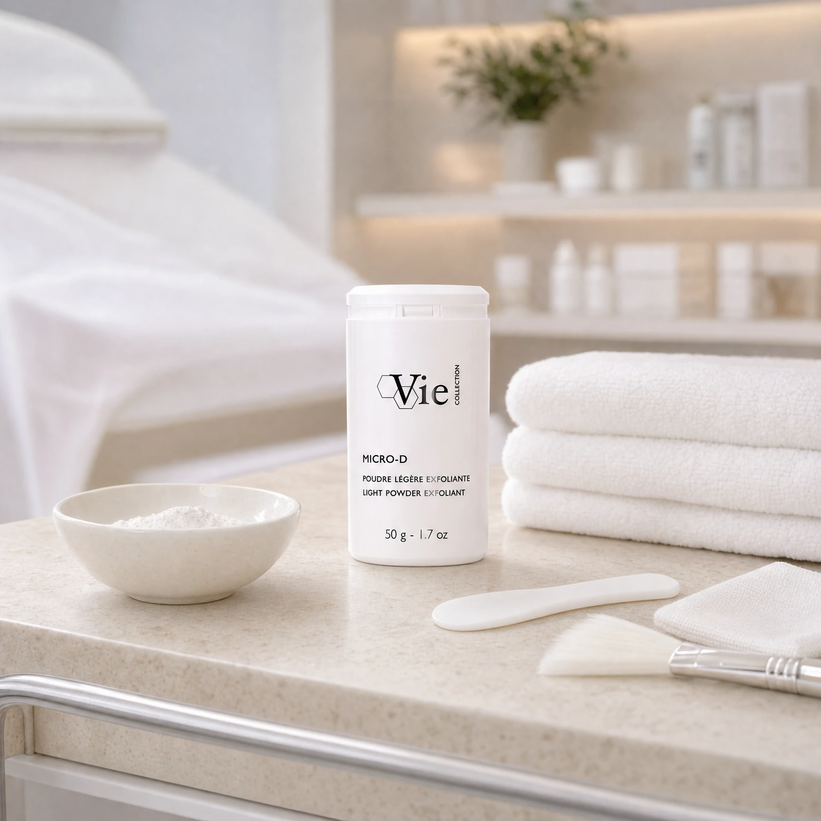 Vie Collection Micro-D Light Powder Exfoliant 50g displayed in a premium professional treatment-room setting for gentle exfoliation, texture refinement and treatment preparation protocols.