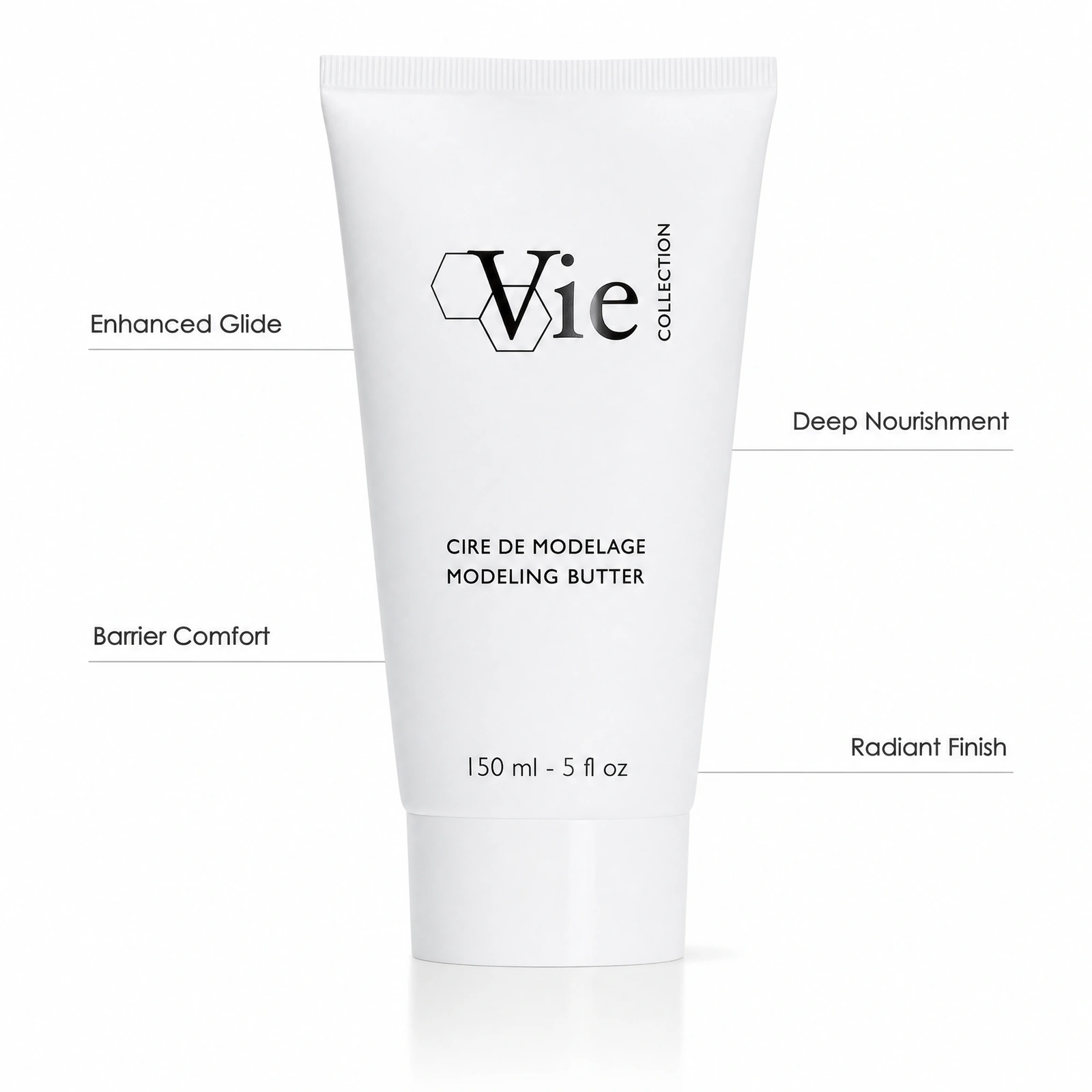 Vie Collection Modeling Butter 150ml professional white tube with benefit callouts for enhanced glide, deep nourishment, barrier comfort and radiant finish.