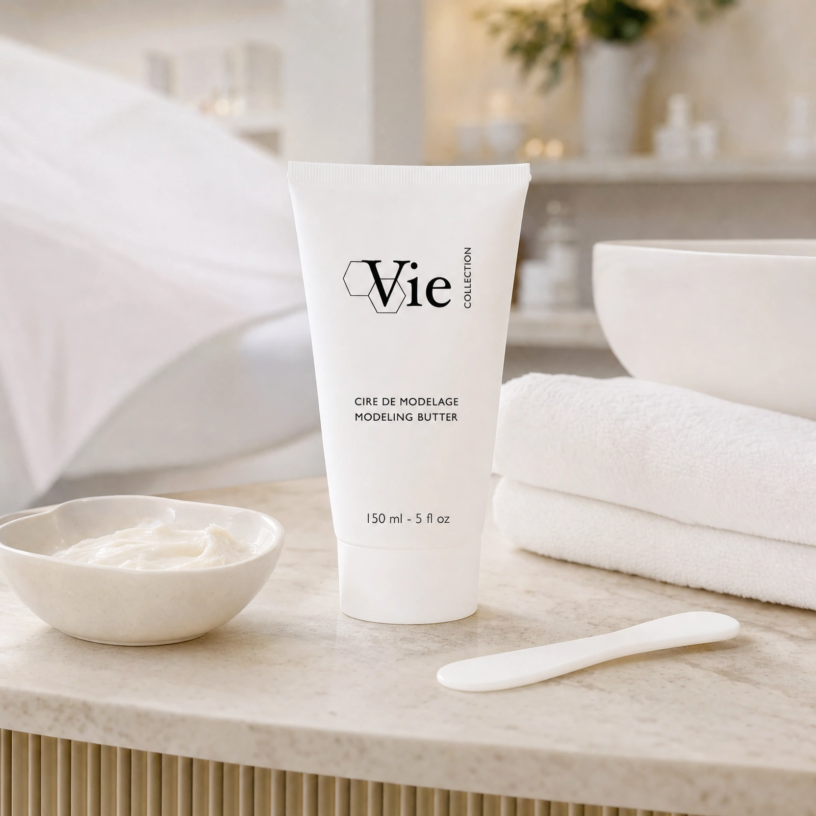 Vie Collection Modeling Butter 150ml displayed in a premium professional treatment-room setting for massage glide, Micro-D exfoliation support and nourishing skin treatment protocols.