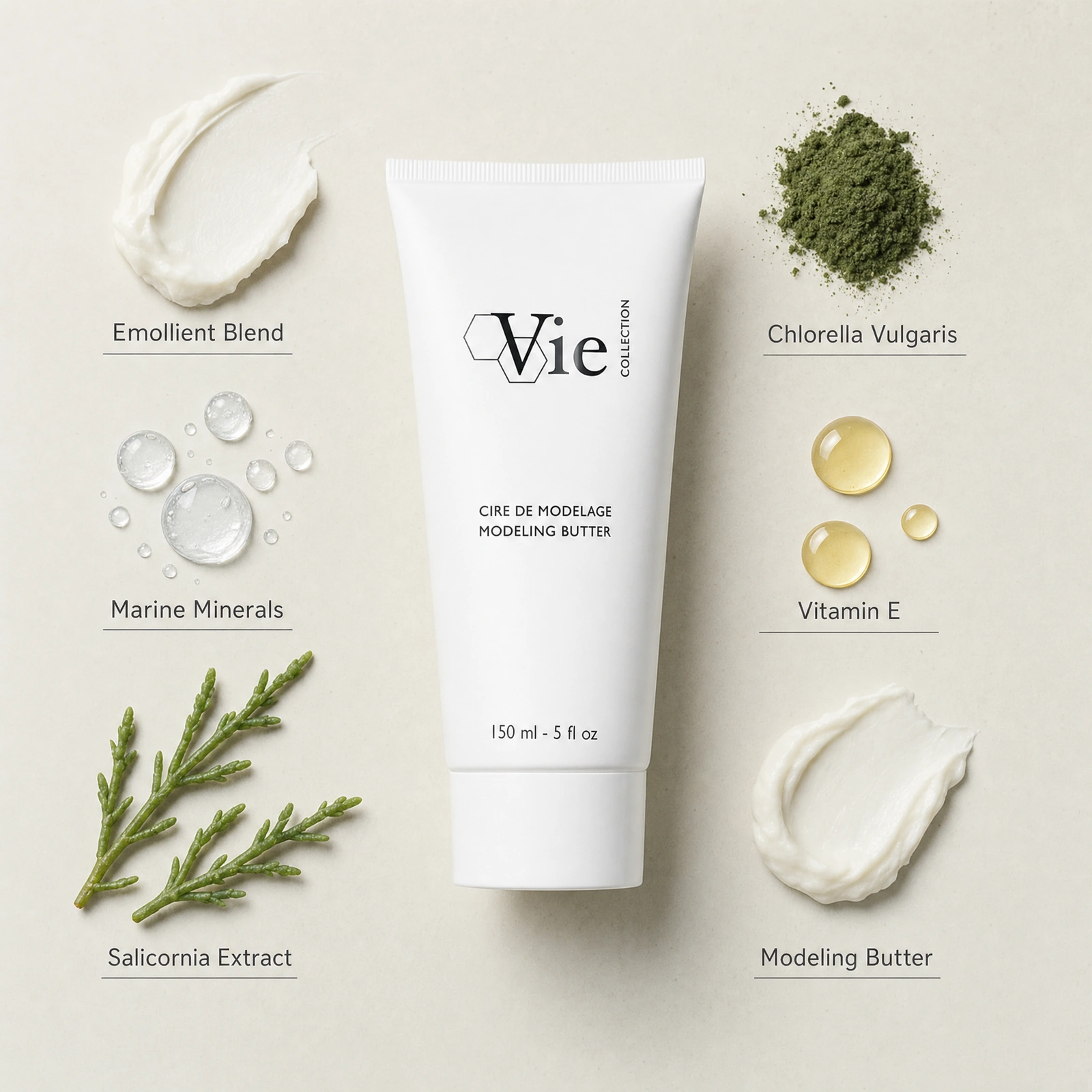 Vie Collection Micro-D Light Powder Exfoliant 50g ingredient flatlay with Diatomaceous Earth, Cellulose Acetate, powder exfoliant, mineral polish, smooth finish and treatment prep cues.