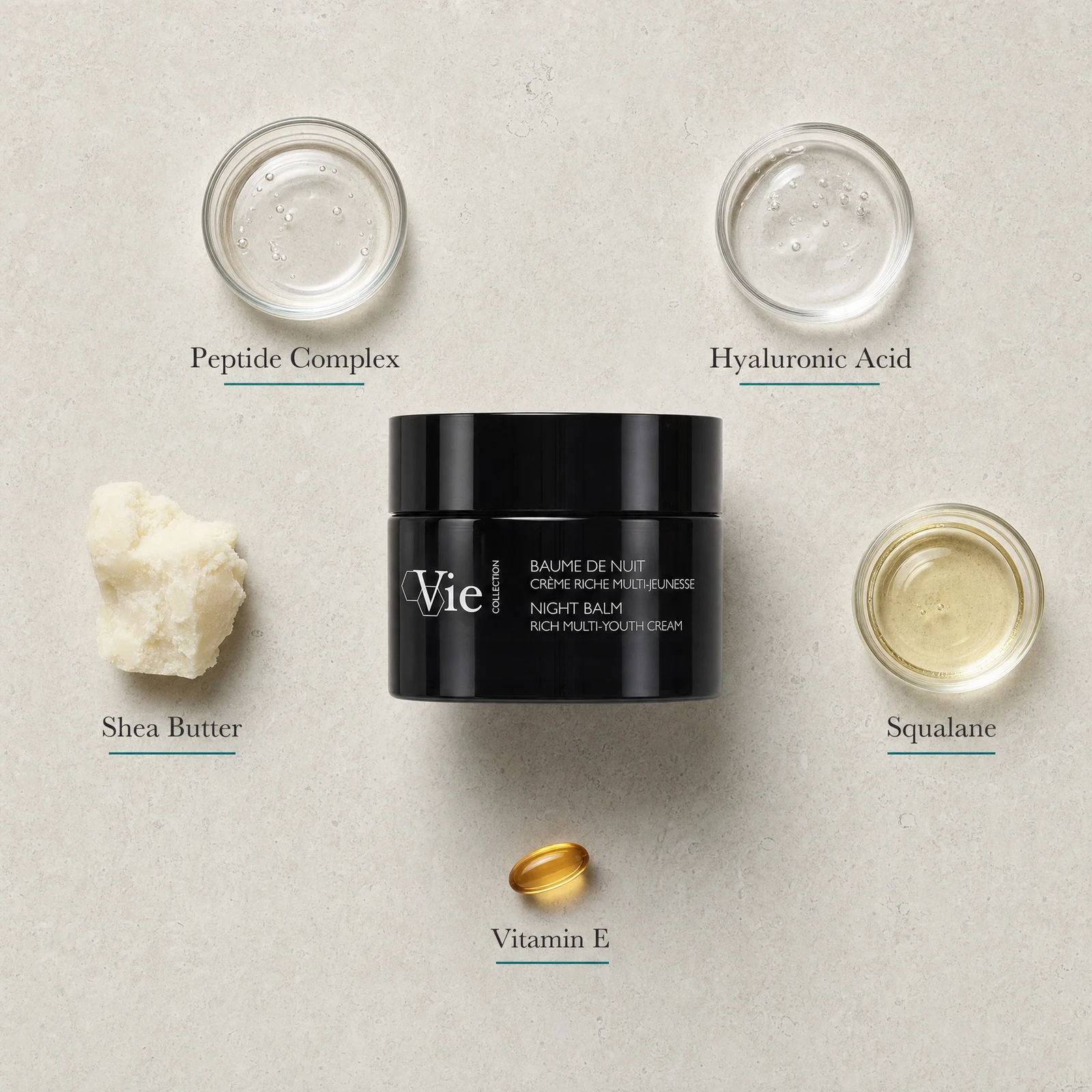 Vie Collection Night Balm Rich Multi-Youth Cream 50g flatlay on limestone surface with Peptide Complex, Hyaluronic Acid, Shea Butter, Squalane, and Vitamin E
