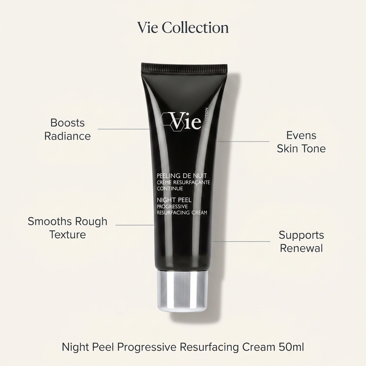 Vie Collection Night Balm Rich Multi-Youth Cream 50g with four benefit callouts: Overnight Multi-Youth Renewal, Rich Balm Deeply Nourishes, Peptide and Hyaluronic Complex, Wakes Skin Radiant and Firm