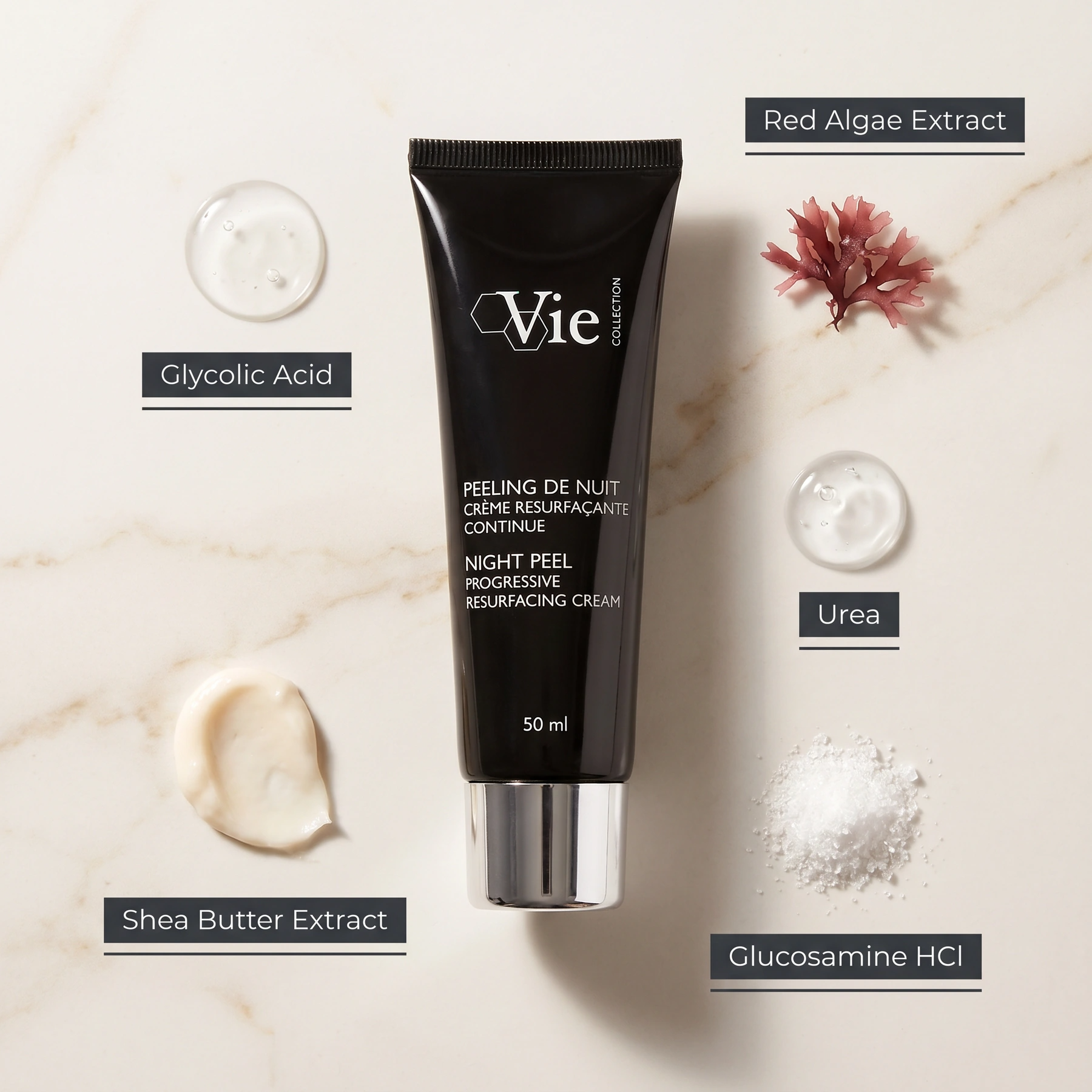 Vie Collection Night Balm Rich Multi-Youth Cream 50g flatlay on limestone surface with Peptide Complex, Hyaluronic Acid, Shea Butter, Squalane, and Vitamin E