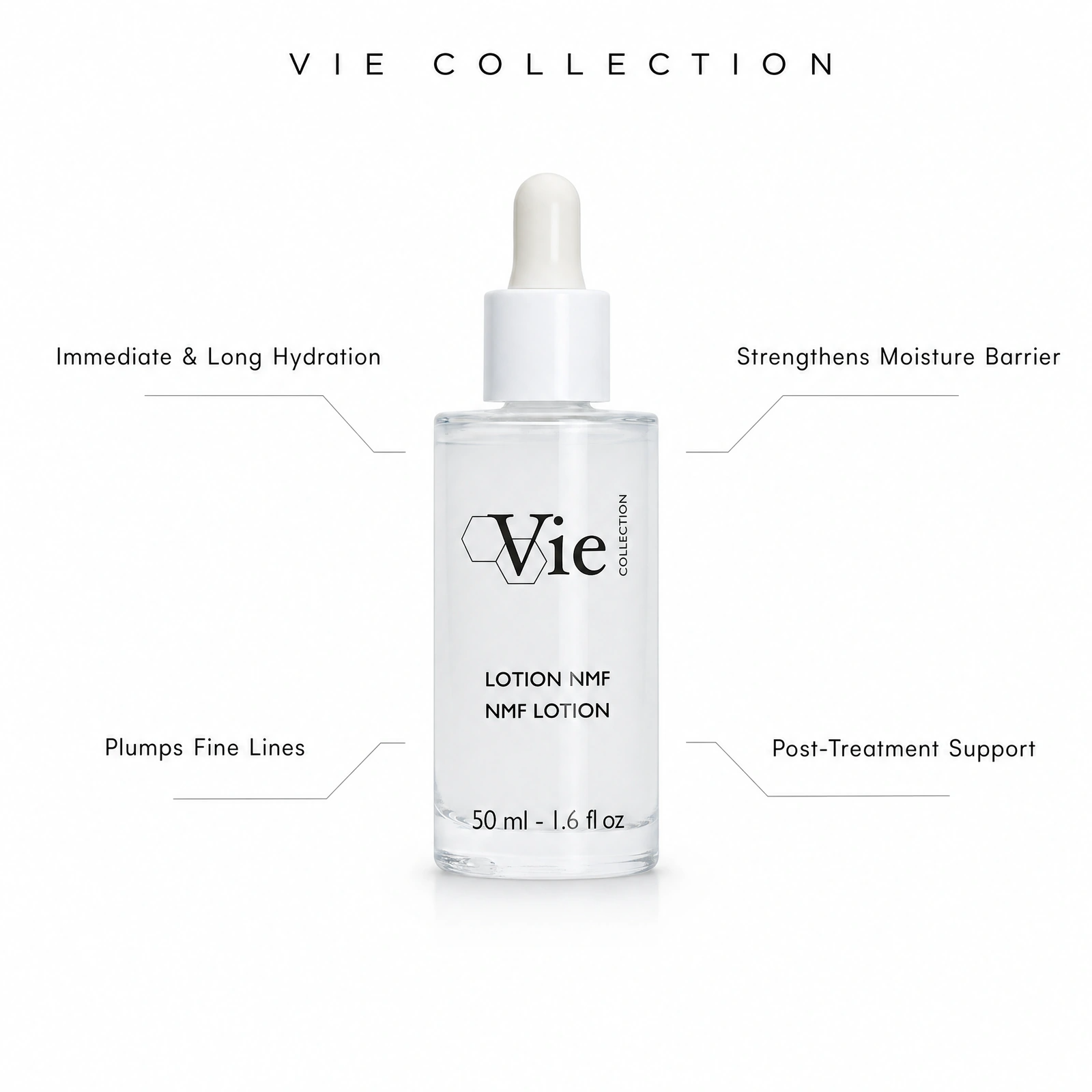 Vie Collection NMF Lotion 50ml with professional benefit callouts for immediate and long hydration, fine-line plumping, moisture barrier support and post-treatment hydration support.