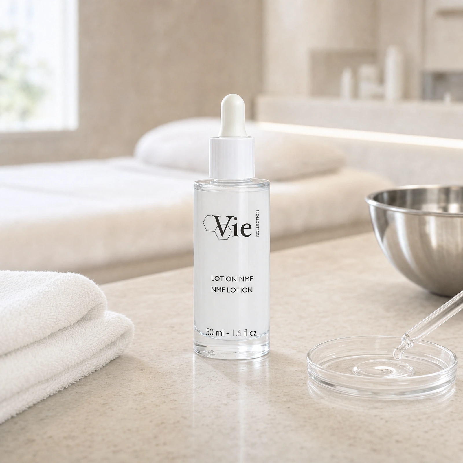 Vie Collection NMF Lotion 50ml displayed in a premium clinical treatment-room setting for professional hydration and post-treatment recovery support.