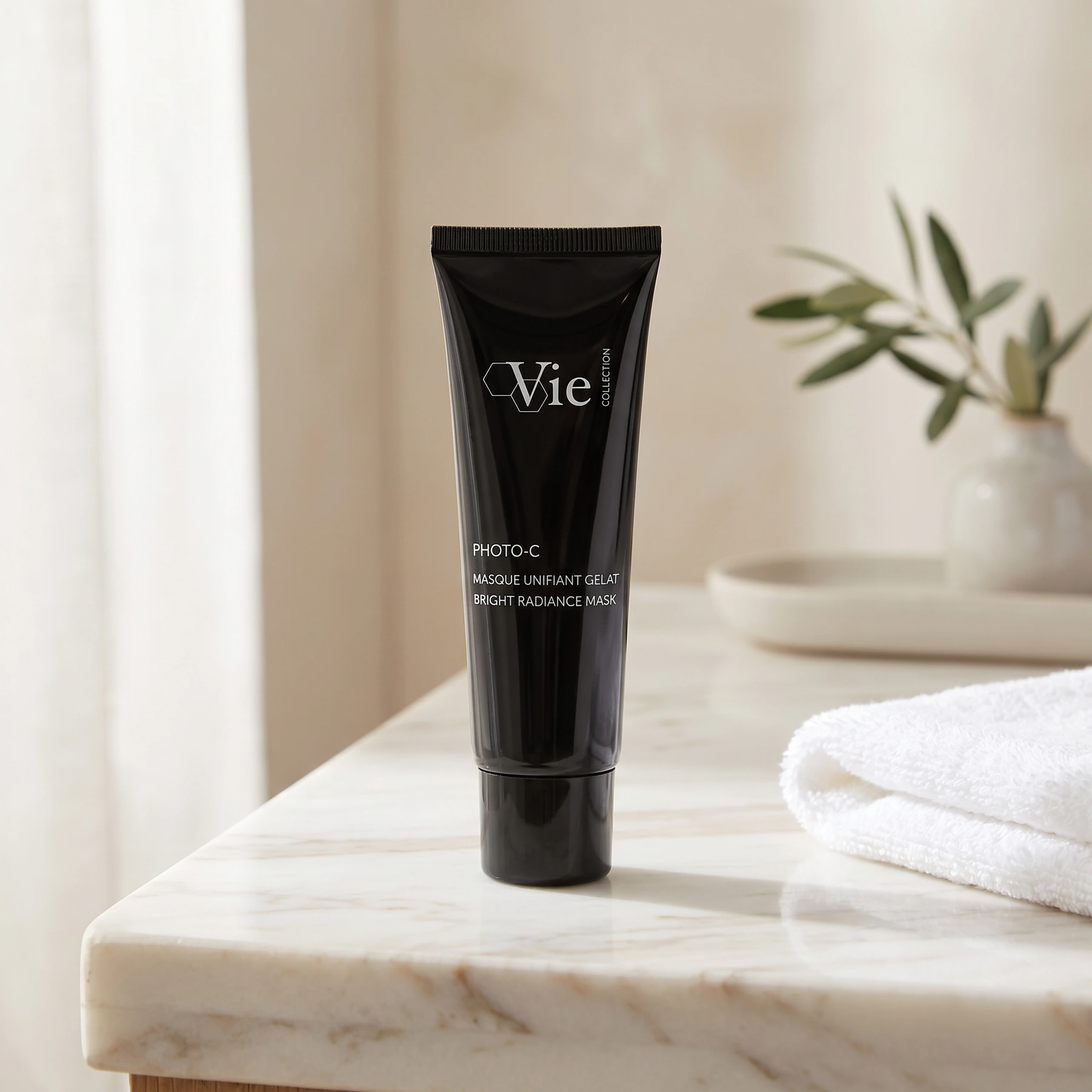 Vie Collection Photo C Bright Radiance Mask 50ml styled on a premium bathroom vanity for brighter, more radiant-looking skin.