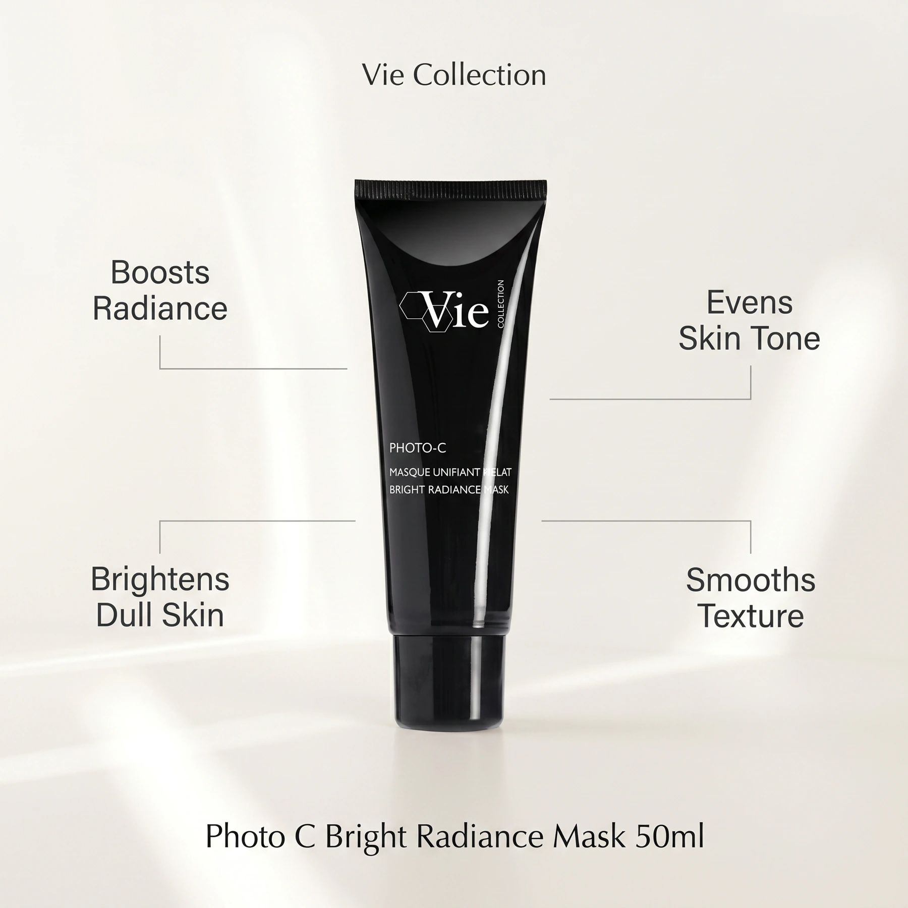 Vie Collection Photo C Bright Radiance Mask 50ml with callouts for radiance, brightening dull skin, even tone and smoother texture.