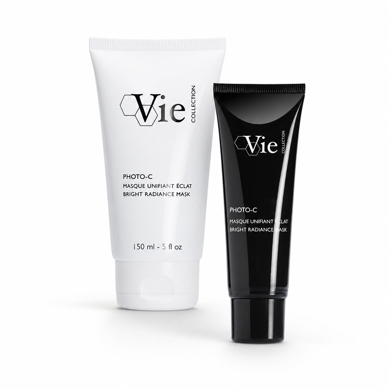 Vie Collection Photo-C Bright Radiance Mask retail and professional variant image showing the black retail tube and white 150ml professional tube together on a clean white background.