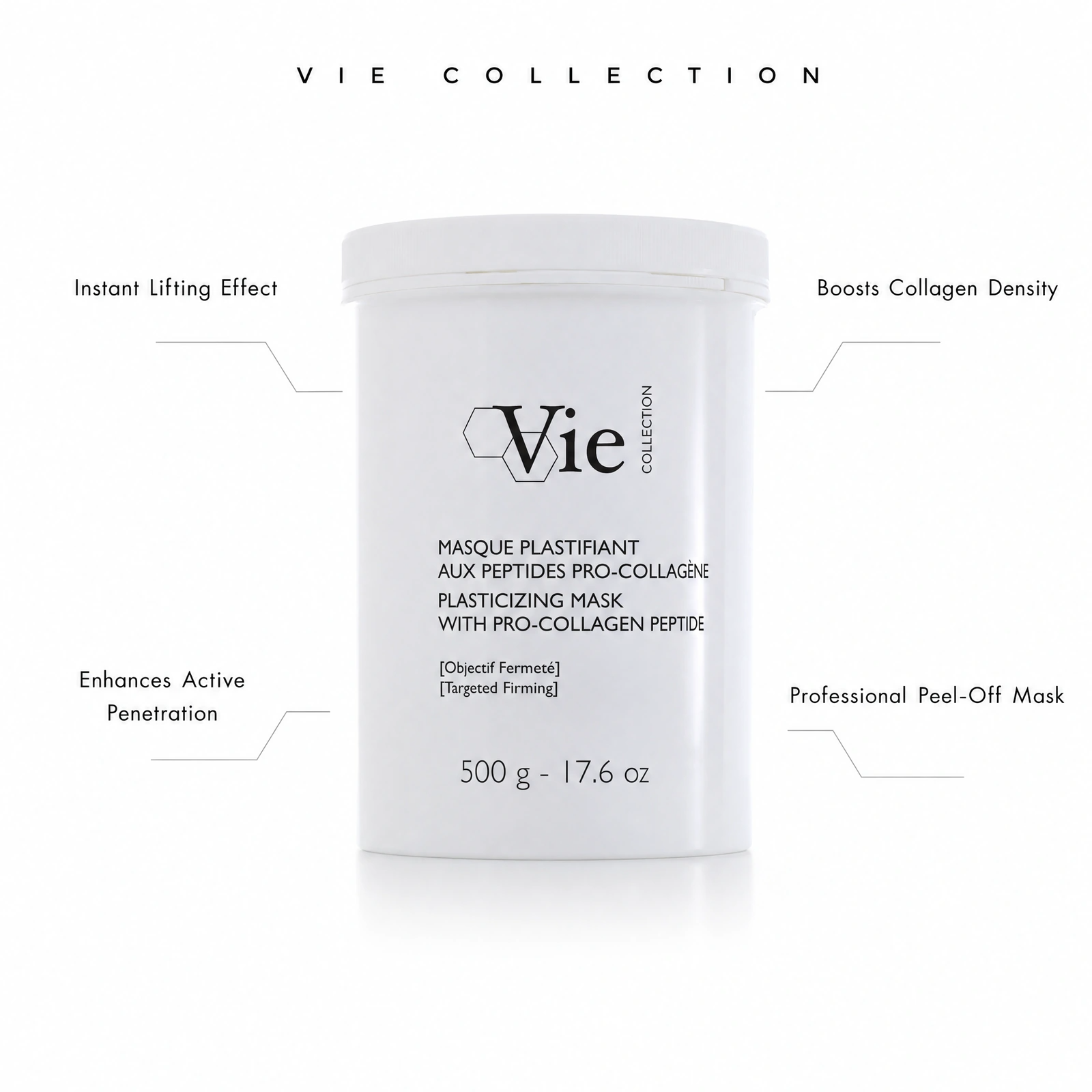 Vie Collection Plasticizing Mask with Pro-Collagen Peptide 500g with professional benefit callouts for instant lifting, active penetration, collagen density and professional peel-off mask protocols.
